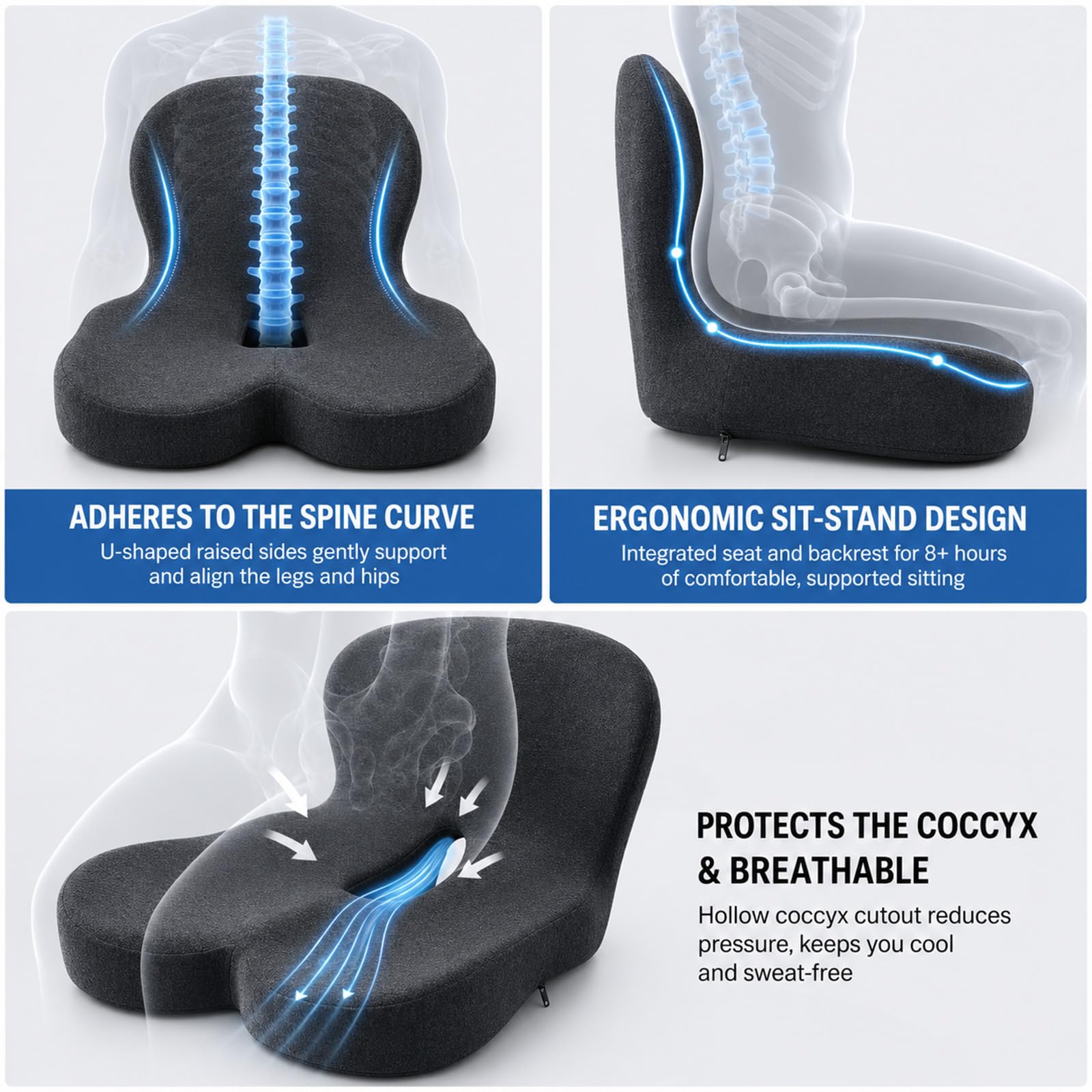 Cuscino Sedia Seduta Memory Forma L Ergonomico, Supporto Lombare Coccige | Cuscino ortopedico, antidolorifico e sfoderabile, lavabile, adatto per sedia da ufficio, seggiolino auto e sedia a rotelle