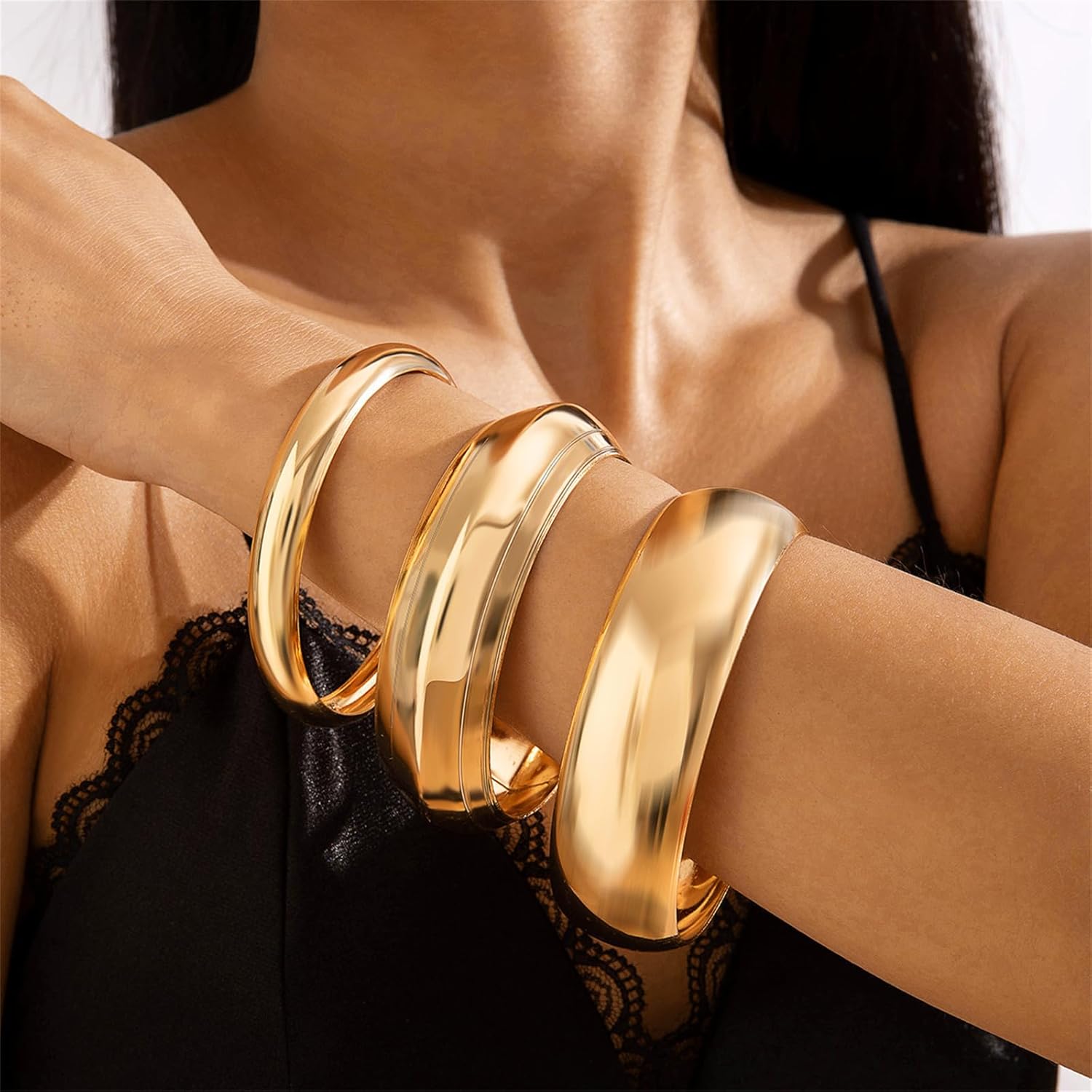 3PCS Chunky Bangle Bracelets Trendy Wide Chunky Cuff Bracelets Stack Wrist Cuff Wrap Bracelet for Women - Image 4