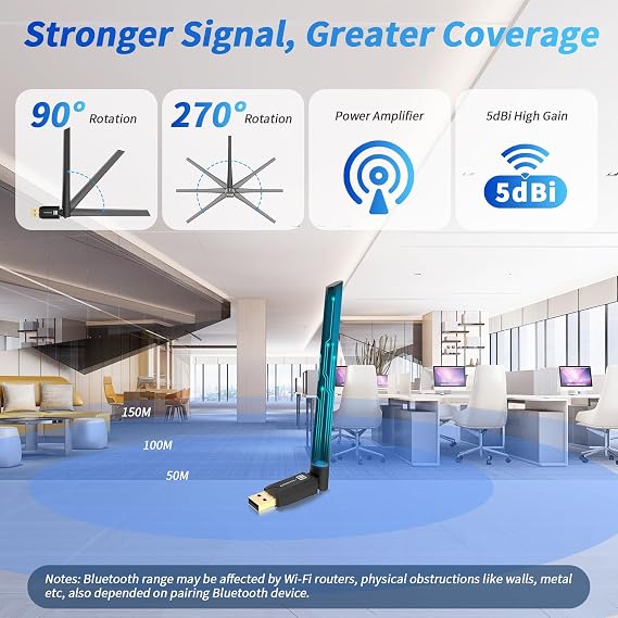 Long Range Bluetooth 6.0 Adapter for PC, Plug n Paly USB Dongle