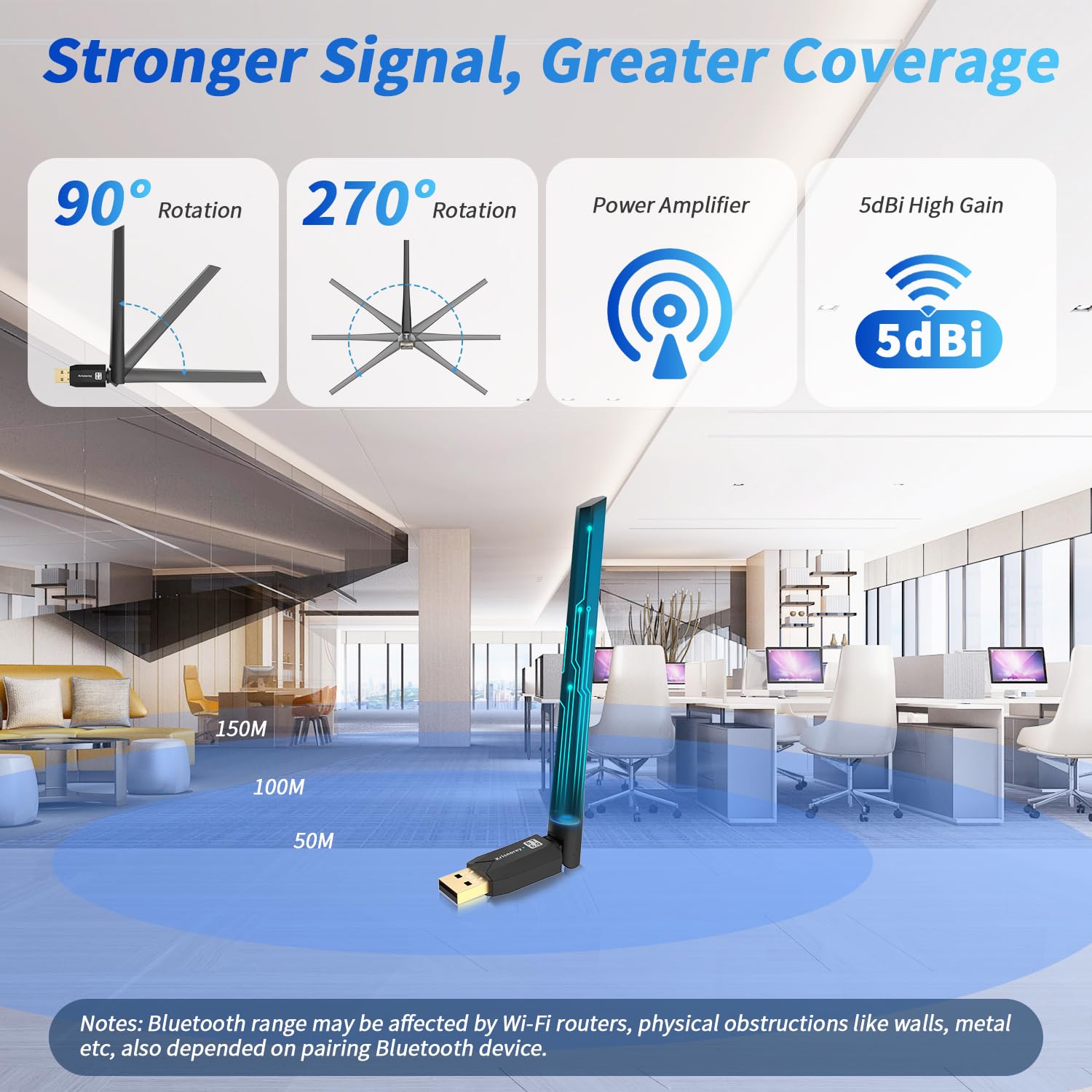 Adaptador Bluetooth 6.0 de largo alcance para PC, PA integrado para dongle USB inalámbrico de alta ganancia de 5 dBi para Windows 11/10/8.1, computadora de escritorio, Plug & Pair con