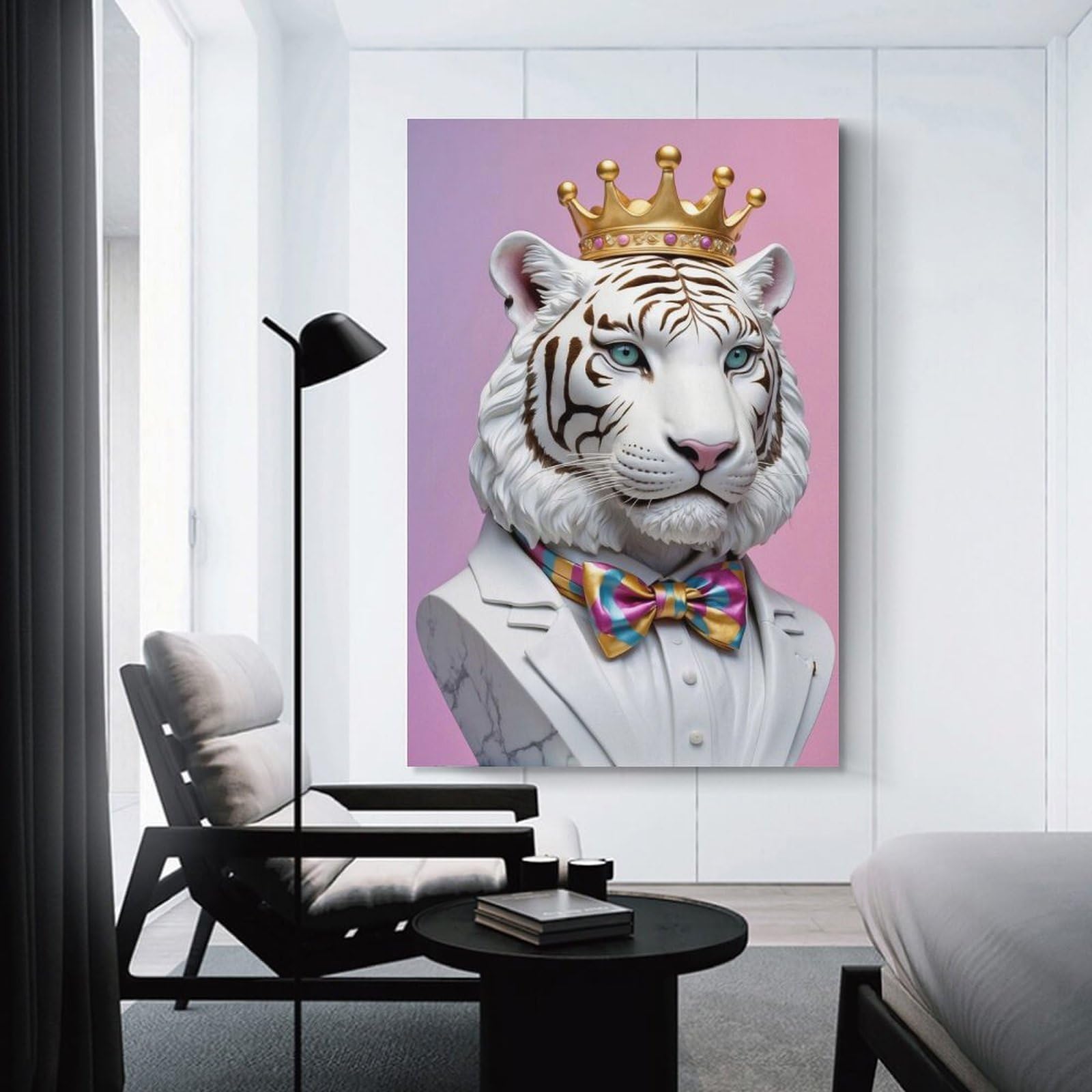 Junmoney Unframe-Style-22 Home Decor Wall Art Regal White Tiger Bust With Crown, 20X30inch(50X75cm), For Bedroom Decor, Cosy Corners Or Studios, Decorative Wall Art For Cosy Rooms