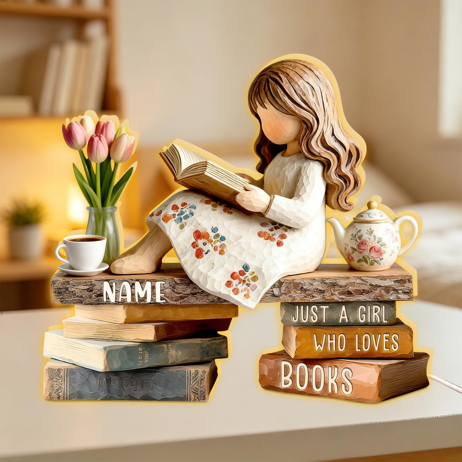 Personalized Just A Girl Who Loves Books Light Box, Custom Reading Book Lover LED Night Light Lamp Reading Gifts for Bookworm, Bookish, Book Reader, Librarians, Bookshelf Library Home Decor