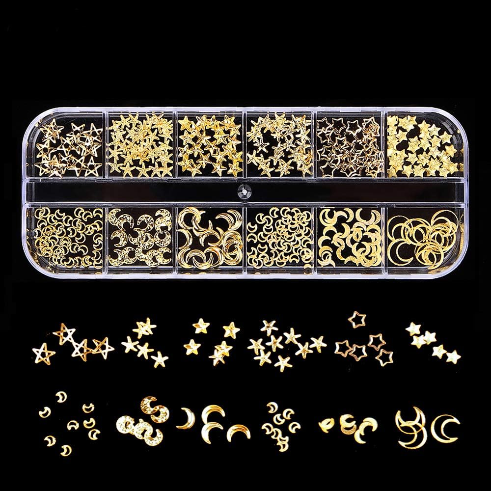 3 Boxes Nail Art Decals Studs Design Decoration Accessories 3D Metal Nail Charm Supplies Gold Star Moon Heart Square Rivet Caviar Nail Beads Nail Art Jewels Decoration With 1Pc Tweezers Tool for Women