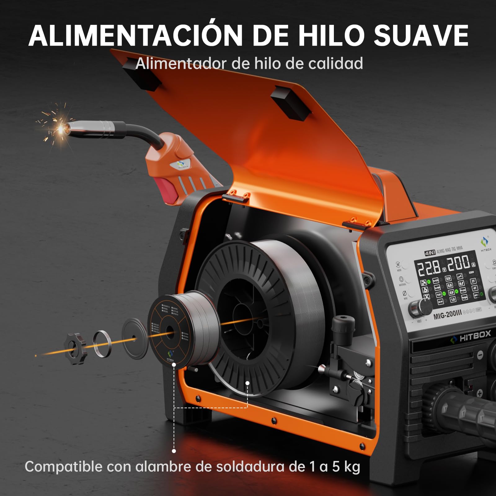 HITBOX Soldadora MIG Aluminio 200A, Soldadora Multifunción 7-en-1 con MIG Con Gas/Sin Gas, Electrodo, Lift TIG, Soldadura por Puntos y Pistola de Carrete (MIG200III)
