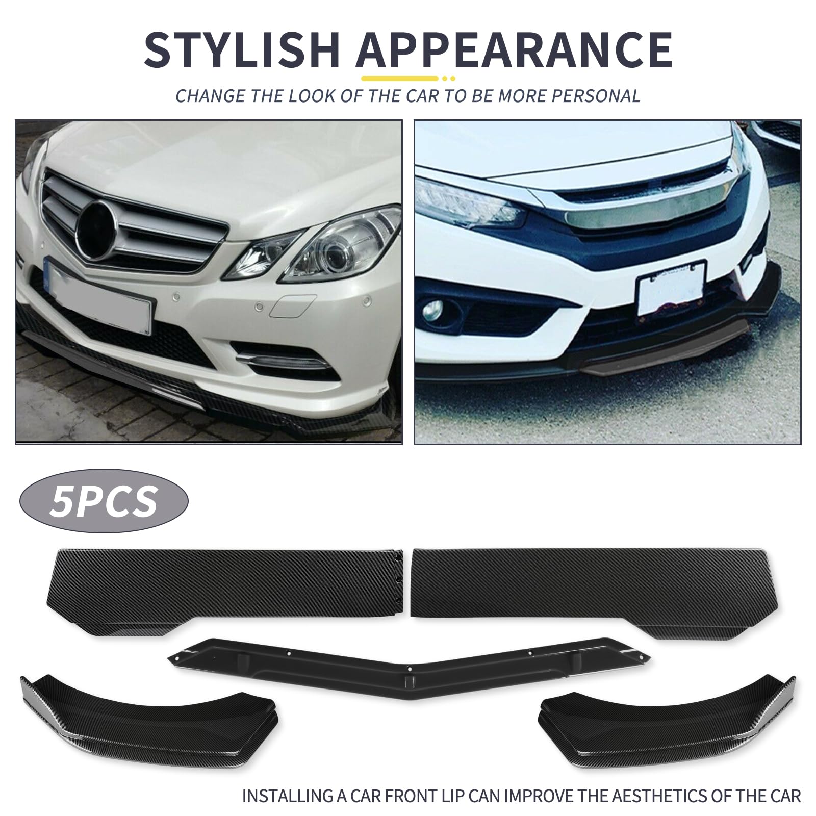 Universal Front Bumper Lip Splitter Kit - 4 PC Lip + 2 Adjustable Rods, ABS Material, Fits Honda, Toyota, Nissan, Ford & More