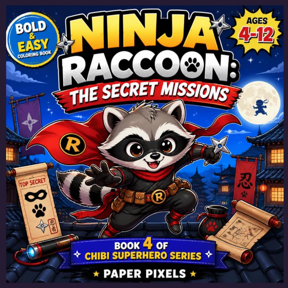 BOLD & EASY CHIBI NINJA RACCOON COLORING BOOK FOR KIDS :: BOOK 4 OF CHIBI SUPERHERO SERIES: NINJA RACCOON MISSIONS (CHIBI SUPERHERO COLORING BOOKS)
