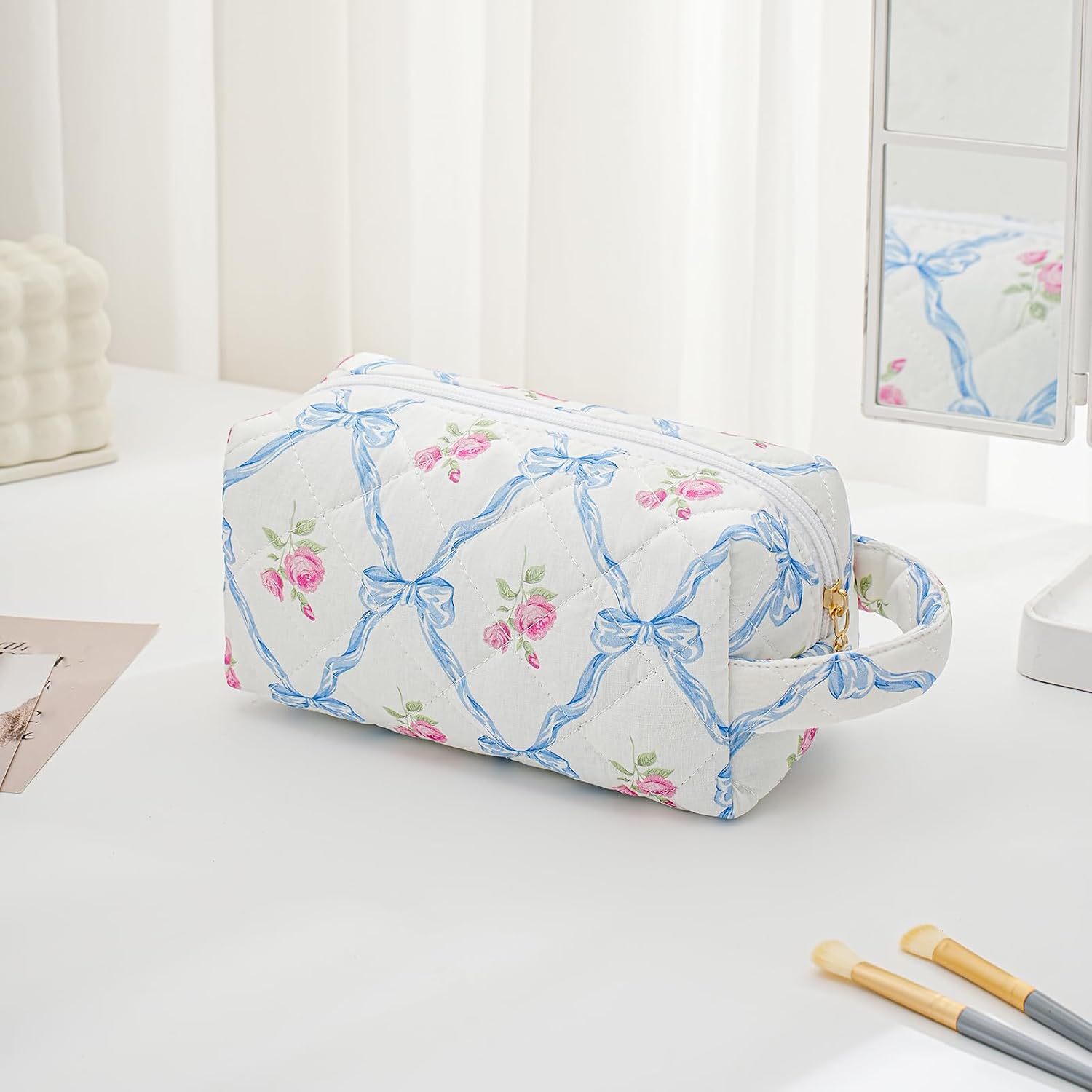 Makeup Bag Travel Cosmetic Bag for Women, Zipper Make Up Pouch, Floral Flowers Toiletry Organizer Makeup with Handle, Cosmetic Travel Cloth Bag (Blue Bowknot) image 2