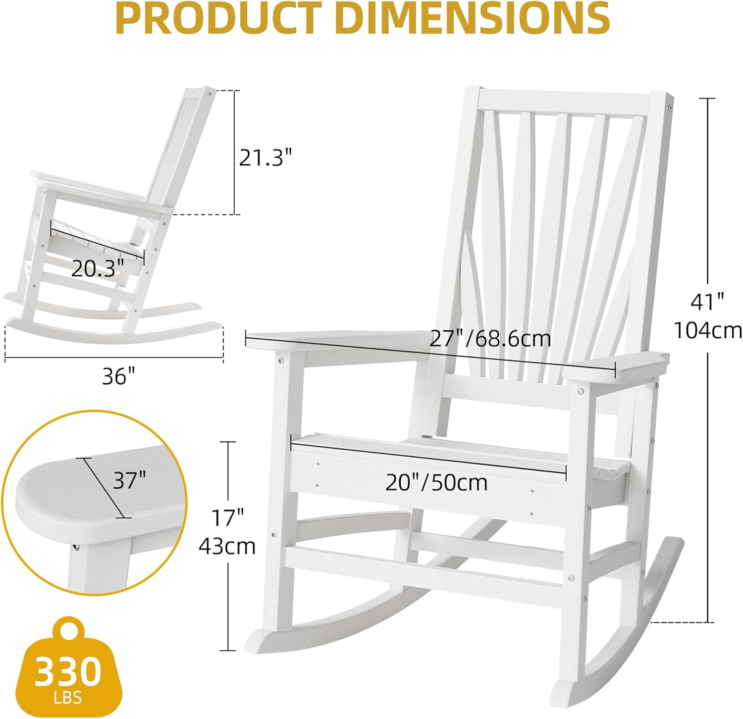 DWVO Outdoor Rocking Chair, Patio Rocker with Windsor Backrest & Wide Armrests, HDPE Patio Chair, 30° Rocking Motion, Outdoor Rocker for Porch, Balcony, Garden Seating, White