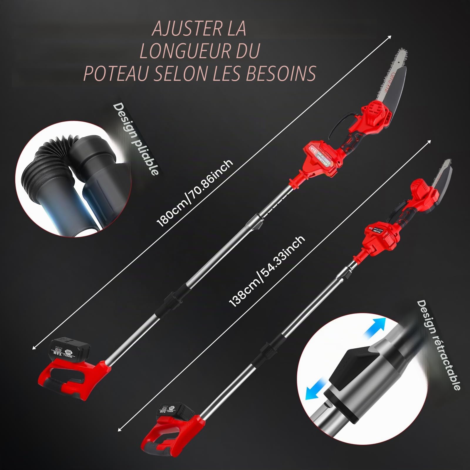 2 en 1 Élagueuse sur Perche sans Fil, 21V Télescopique Élagueur avec 8” Mini Tronçonneuse Électrique, 2 x 3000mAh, 2 Chaînes, 150° Tête Inclinable pour Jardin, Branches, Bois