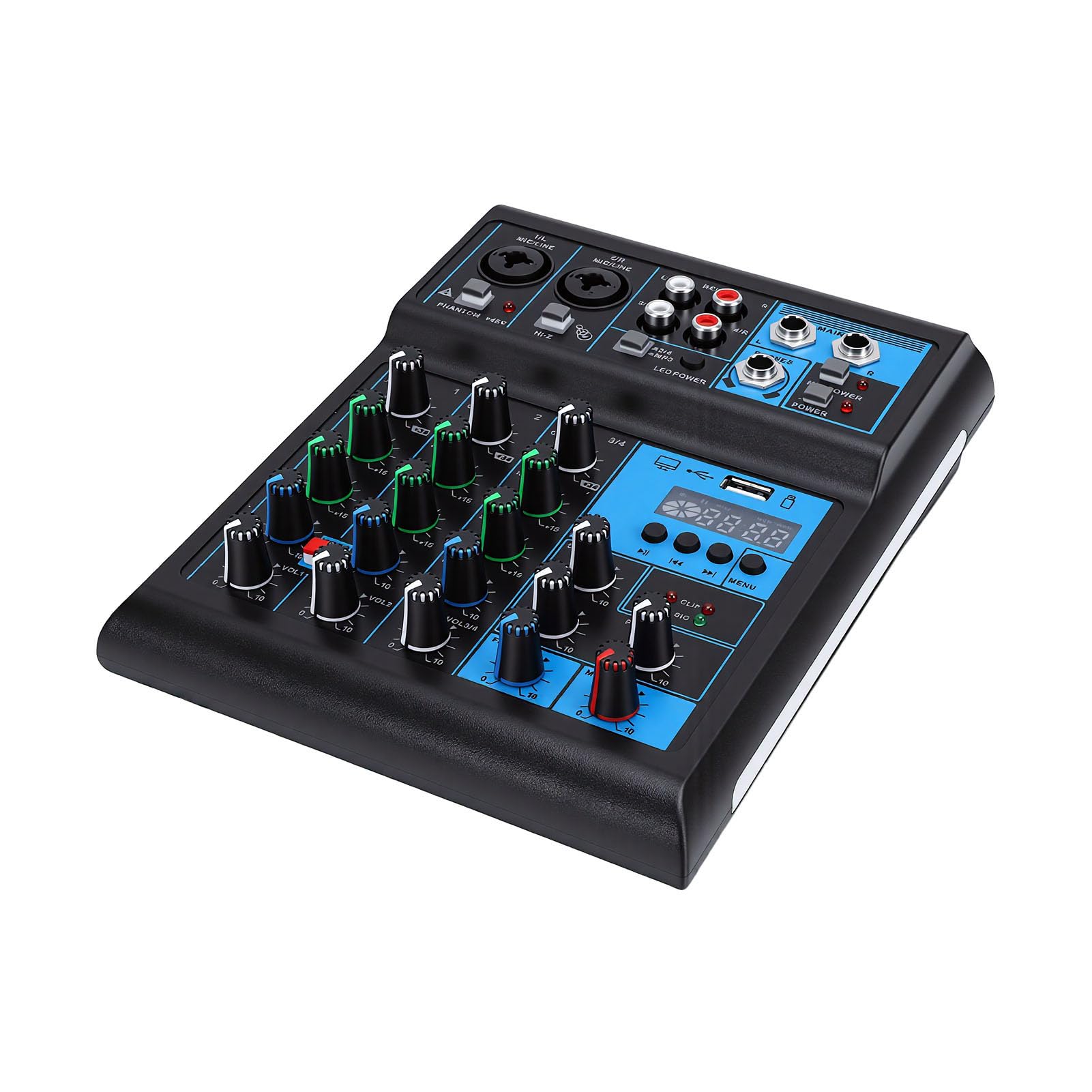 Mixer a 4, Mixer Professionale con Doppio Microfono Wireless UHF, MP3 Bluetooth Integrato, Alimentazione 48 V, Porta USB Mixing DJ RGB per Feste Karaoke a Casa