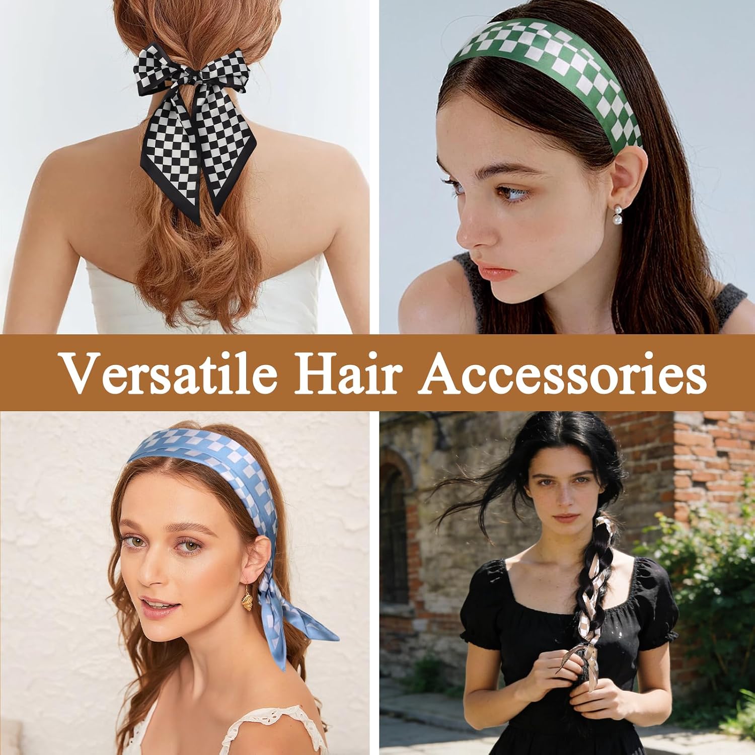 4 Pcs Purse Scarf for Women, Fashion Neck Scarfs Long Satin Skinny Checkered Bag Scarf for Handbags Purse Handle Hair Accessories