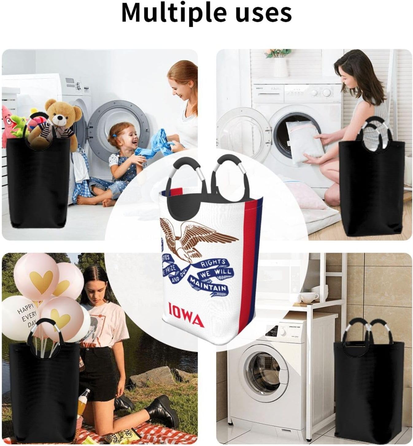 Iowa State Flag Print Laundry Hamper With Handle, Large Laundry Bags Collapsible Dirty Clothes Basket For Bathroom