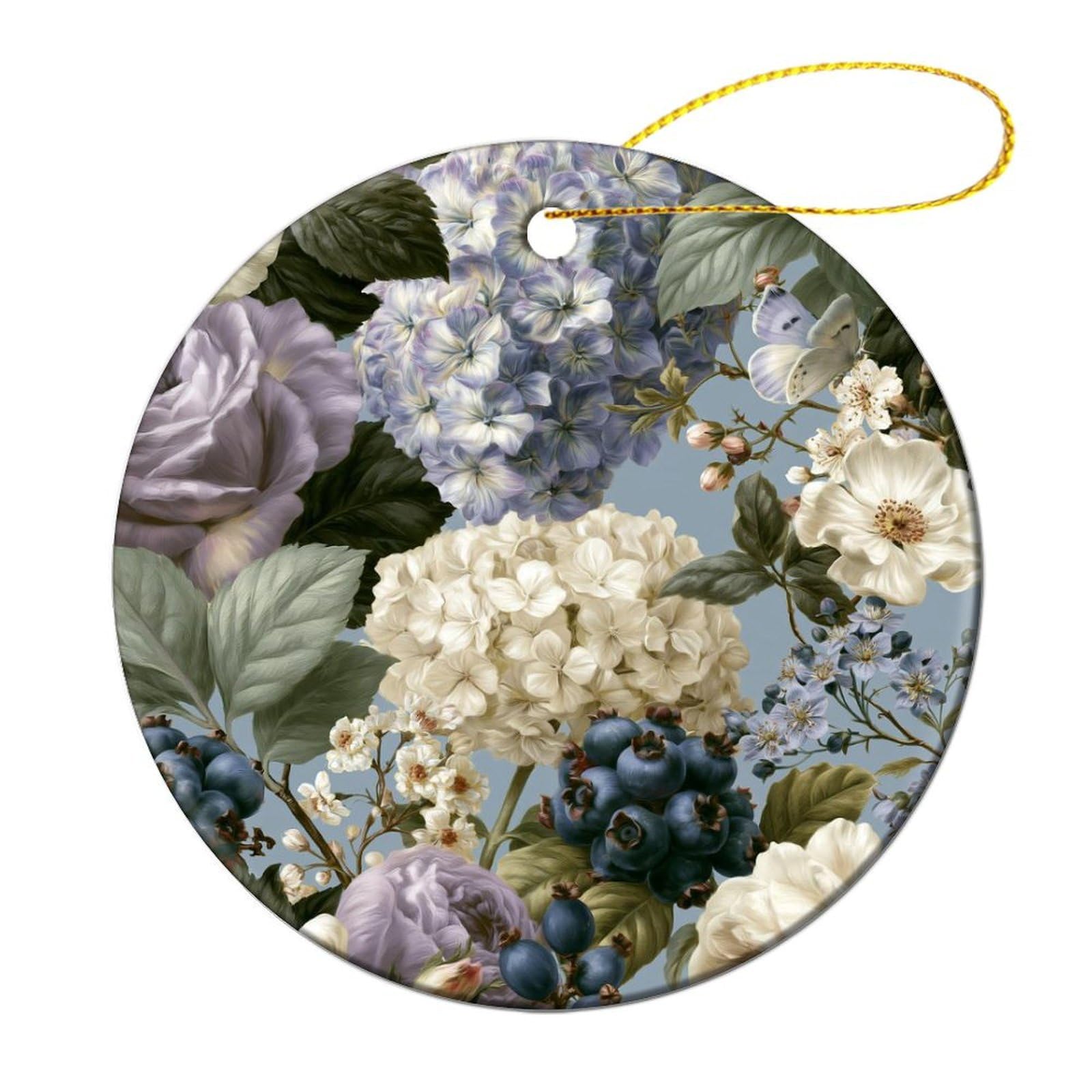 Luxury Botanical Roses Hydrangeas Blueberry Clusters Christmas Tree Hanging Ornaments,2 Pieces, 7.2CM Round Double-Sided