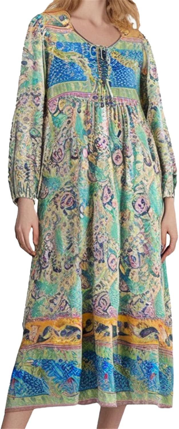 Women's Casual Midi Boho Ditsy Floral Flowy Dress Long Sleeve Ruched Empire Waist Dress A-line Drawstring Beach Swing Dresses
