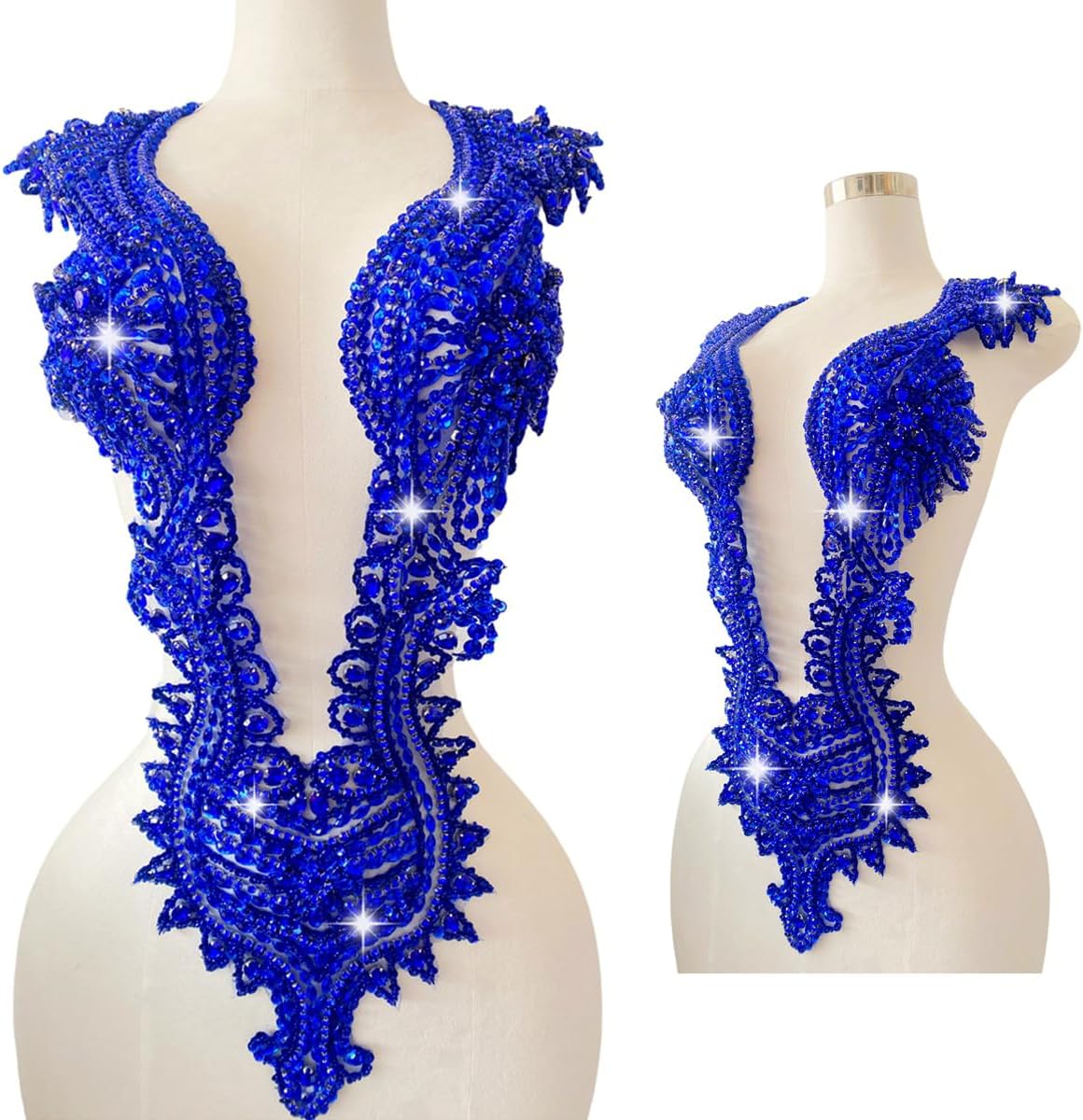 Large Handmade Rhinestones Full Bodice lace Applique Patches Party Wedding Dress Shiny Beads Sequins Crystal Decoration Trimming Accessories (Clear AB)
