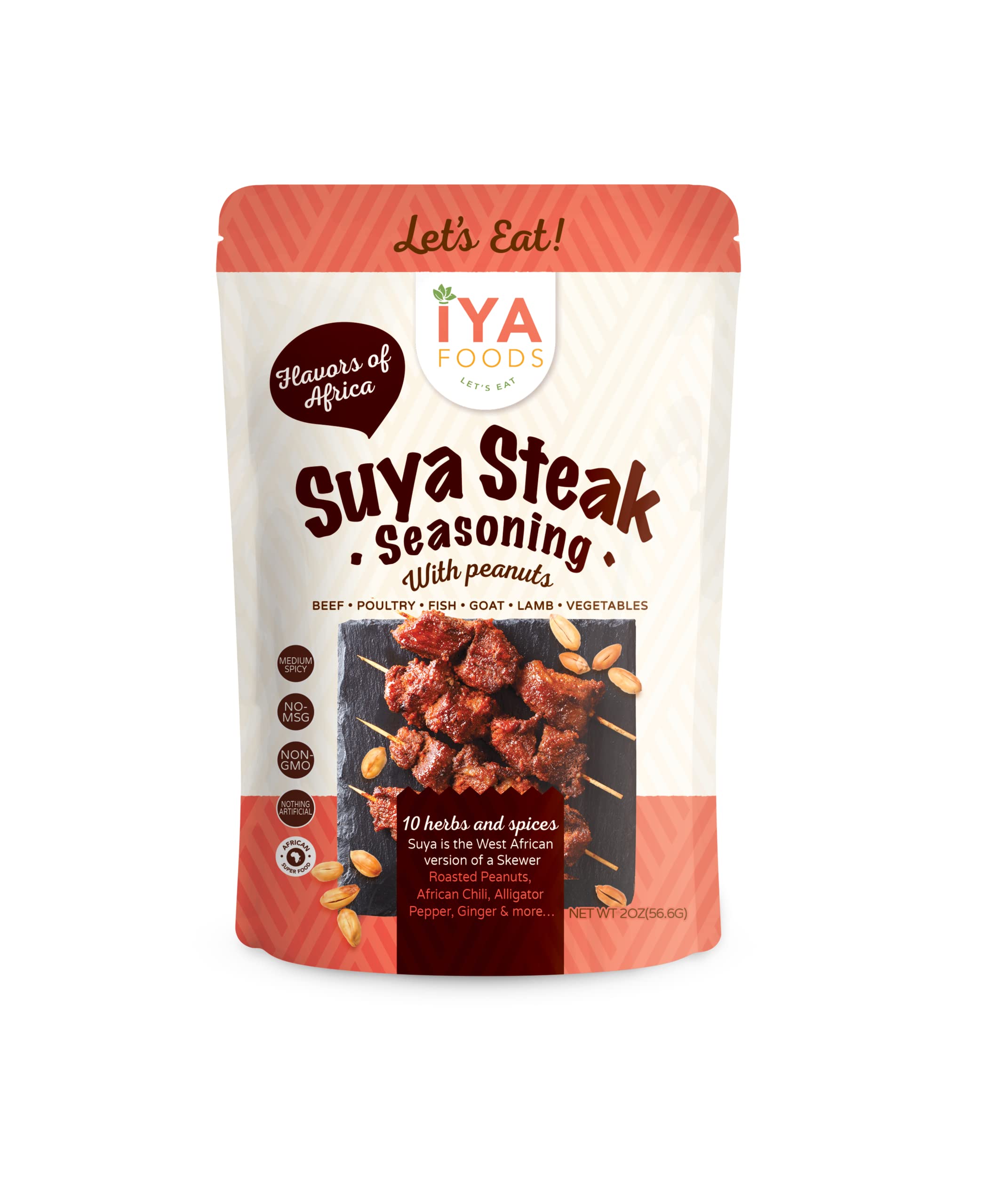 Iya Foods Steak Suya Seasoning With Roasted Peanuts - All Purpose Seasoning, No MSG or Preservative - Real Herbs & Spices for Beef Skewers - 2 oz Pack of 1