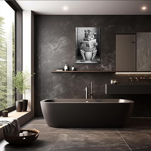 Miniatura 3 de LZIMU Divertida decoración de pared de baño, diseño de tigre sentado en el inodoro, leyendo periódicos, pósteres enmarcados de animales en blanco y