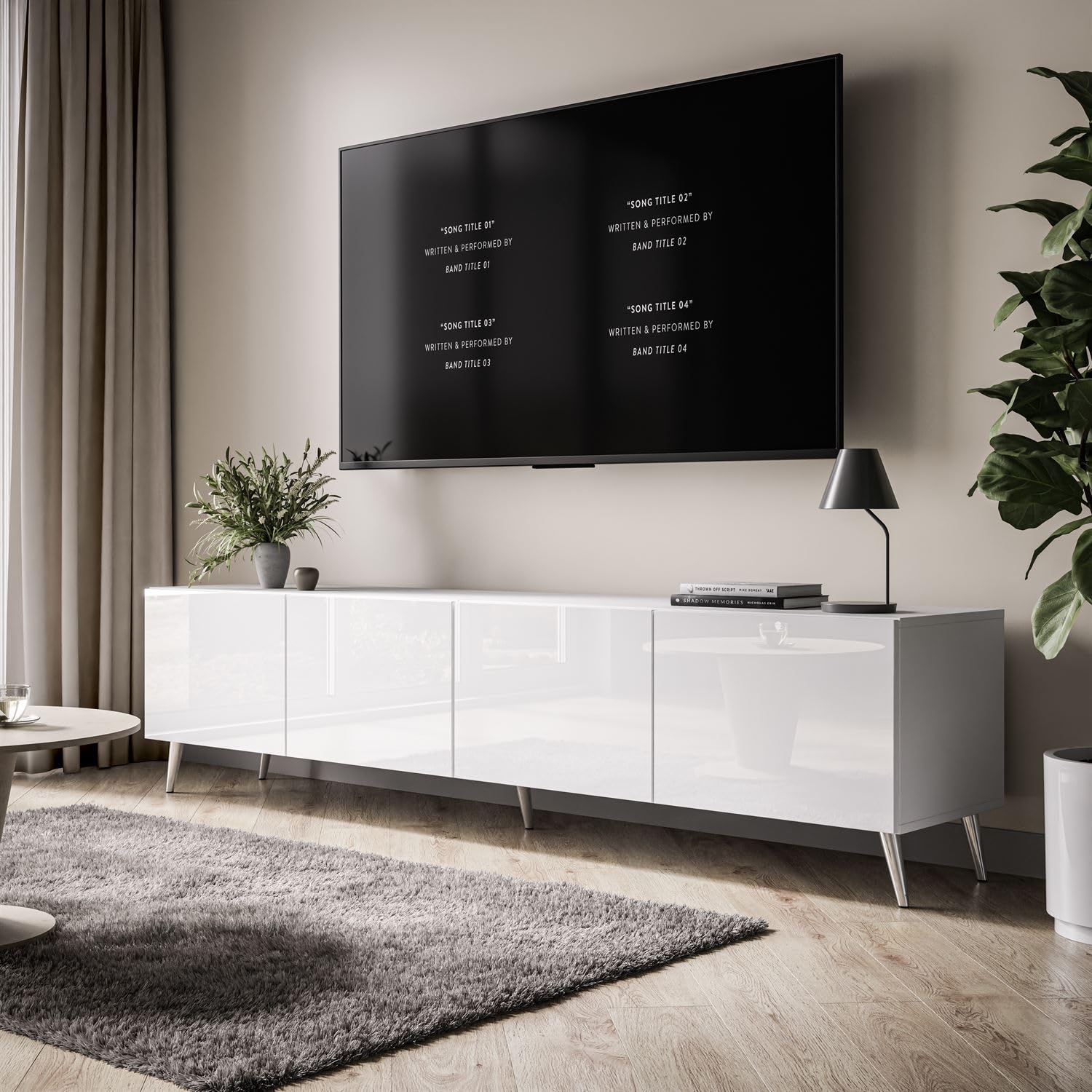Lookway Moderner TV-Schrank in Weiß Hochglanz, optional mit LED-Beleuchtung auf schrägen Onyx-Beinen – COLGANTE 200 cm (Beine: Silber Chrom, ohne LED Beleuchtung)