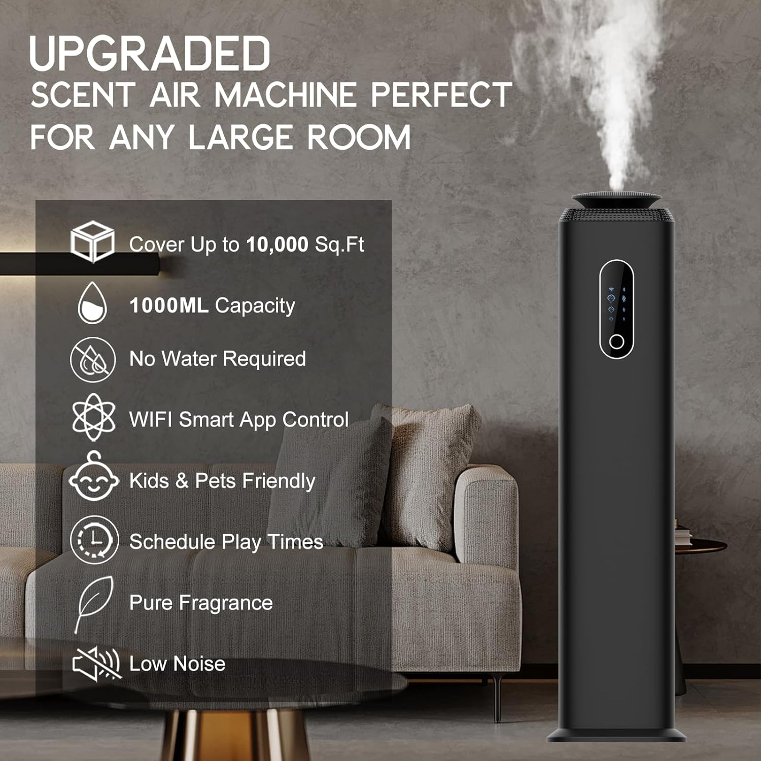 1000ML- Tower Hotel Scent Diffuser with WiFi App Control for Whole House - Commercial Diffuser Machine Cover 10000 Sq Ft - Scent Air Machine & Waterless Essential Oil Diffuser for Large Room - Black