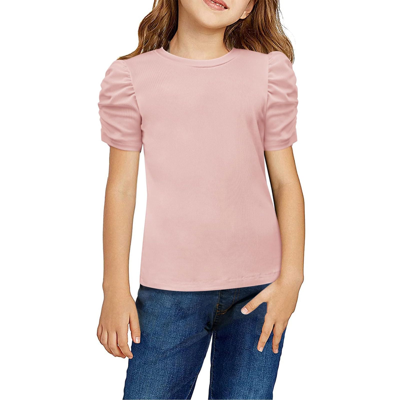 Generic Camisetas de manga corta para niñas, camiseta de punto acanalado de verano con cuello redondo, blusa, blusa, sudadera de manga larga, color negro, 140