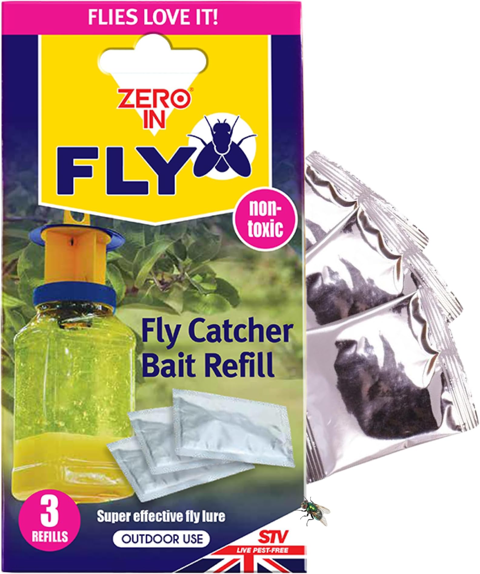 Re-Usable Fly Catcher – Bait Refill Sachet – Pack of 3, Effective Insect Attractant for Use in All Fly Traps for Outdoor Use, Just Add Water, Covers Up to 10 m Radius