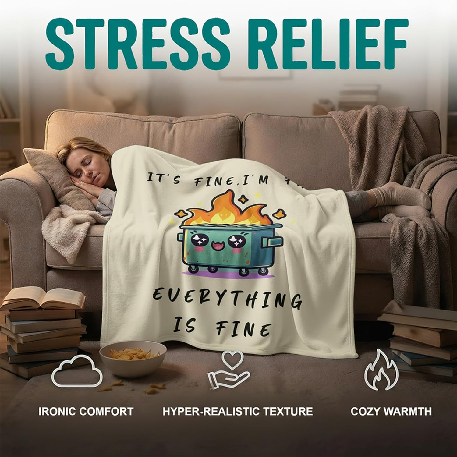Funny Emotional Support Dumpster Fire Office Chair Blanket Funny Office Gifts for Coworkers Boss It's Fine I'm Fine Everything is Fine Beige Fun Soft Throw Blanket 60"X50" - Image 7