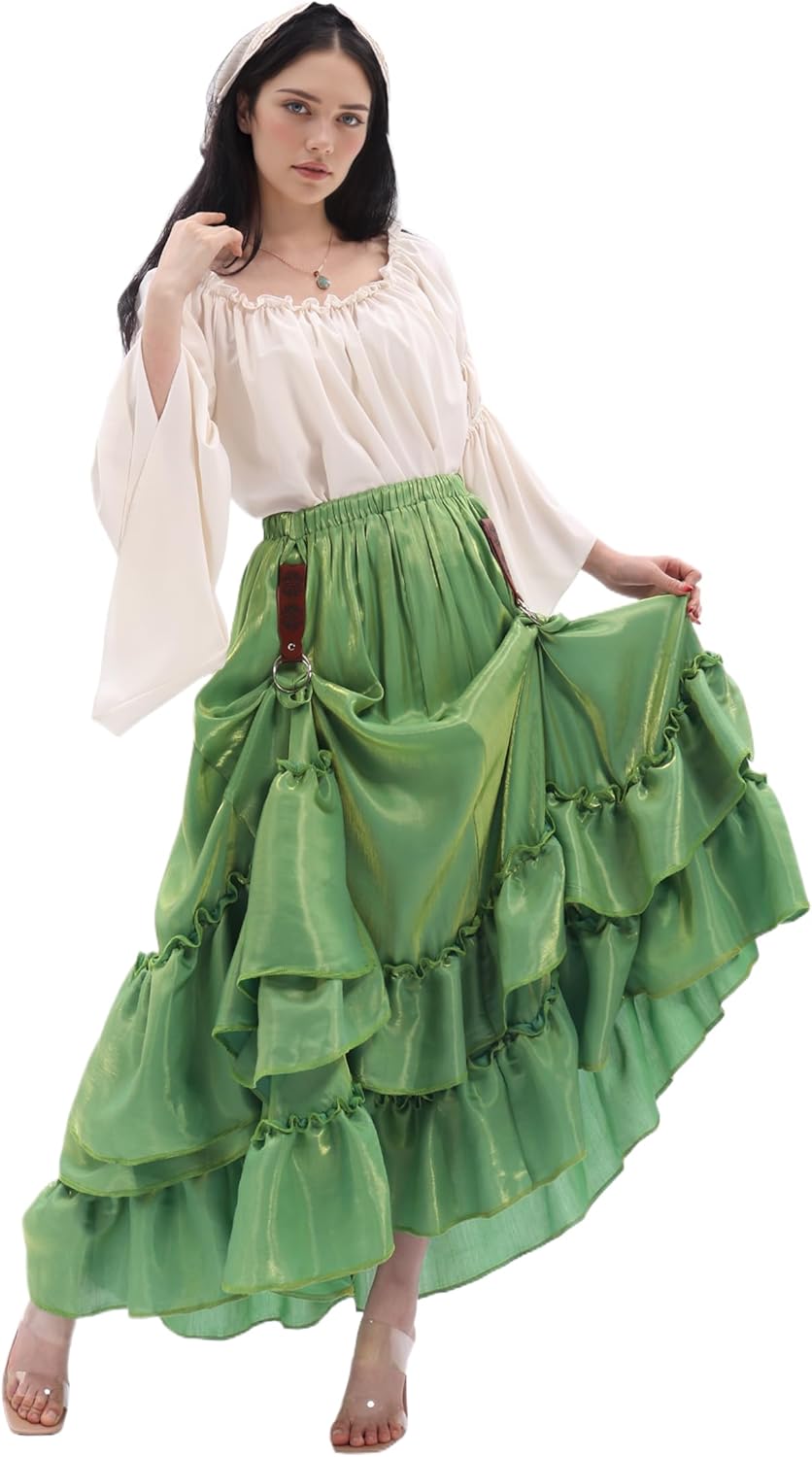 Womens Renaissance Ruffle Layered Maxi Skirts with Hanger Medieval Flowy Fairy Dress Victorian