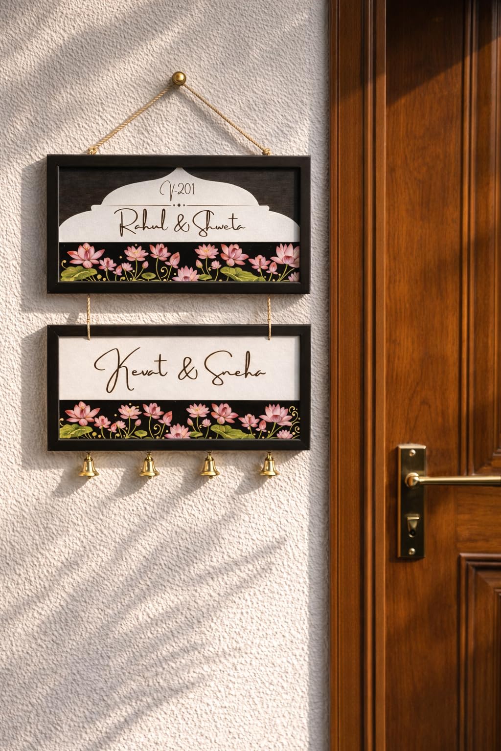 Webelkart Premium Customized Wooden Couple Name Plate For Home Entrance outdoor With Bells | Handcrafted Floral Wooden Name Board for Home Decor | Perfect Wedding, Anniversary & Housewarming Gift - 14 Inches