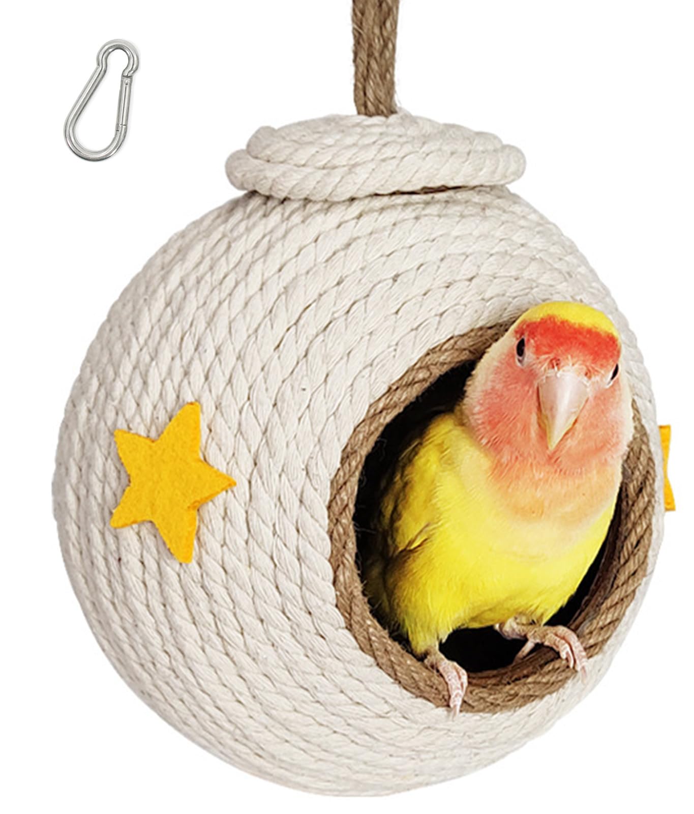 IS MUHE Parakeet Nest,Bird House with Coconut Woven Rope, Natural Coconut Bird Cage with Woven Cover，Bird Nest for Parrot (White)