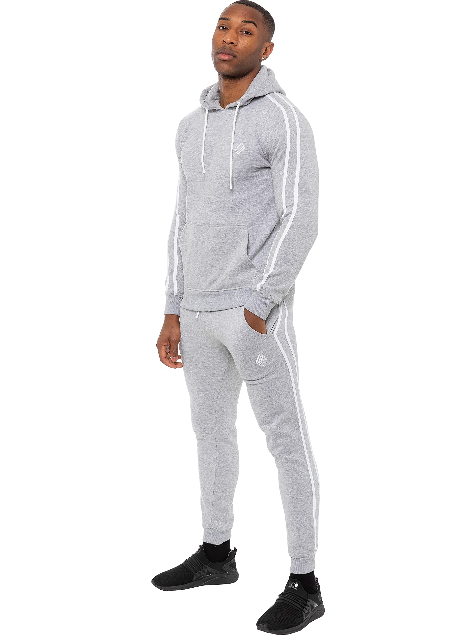 Enzo Mens Full Tracksuit Set Striped Pullover Hoodie Casual Hoody Top Fleece Joggers Gym Jogging Bottoms (Grey, XL, x_l)