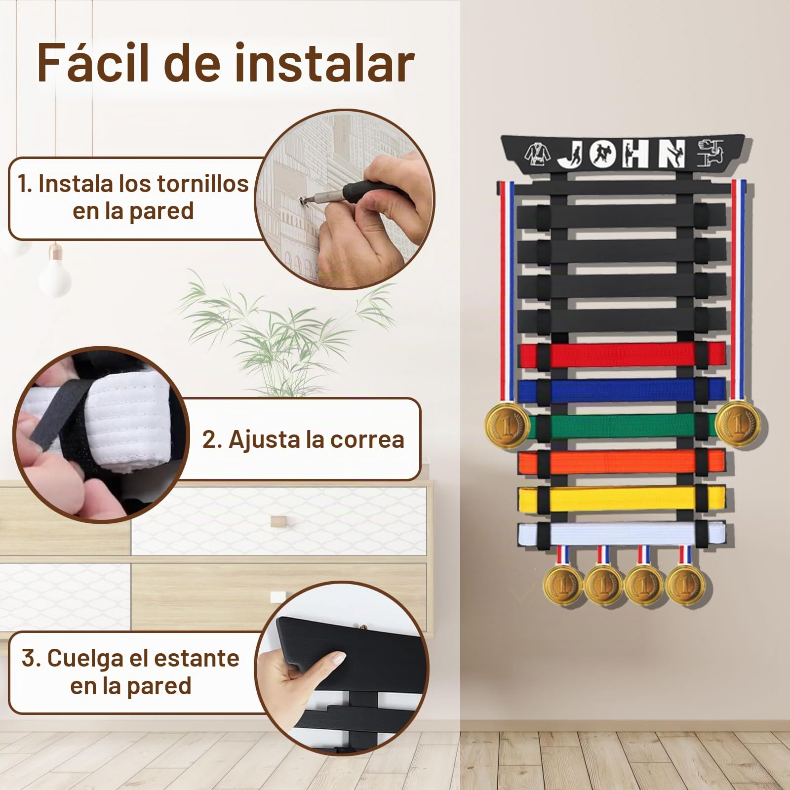 Soporte de Cinturones de Artes Marciales, Soporte de Pared para Cinturón de Judo, para 10 Cinturones de Artes Marciales, Expositor de Cinturón Taekwondo para Artes Marciales, Karate