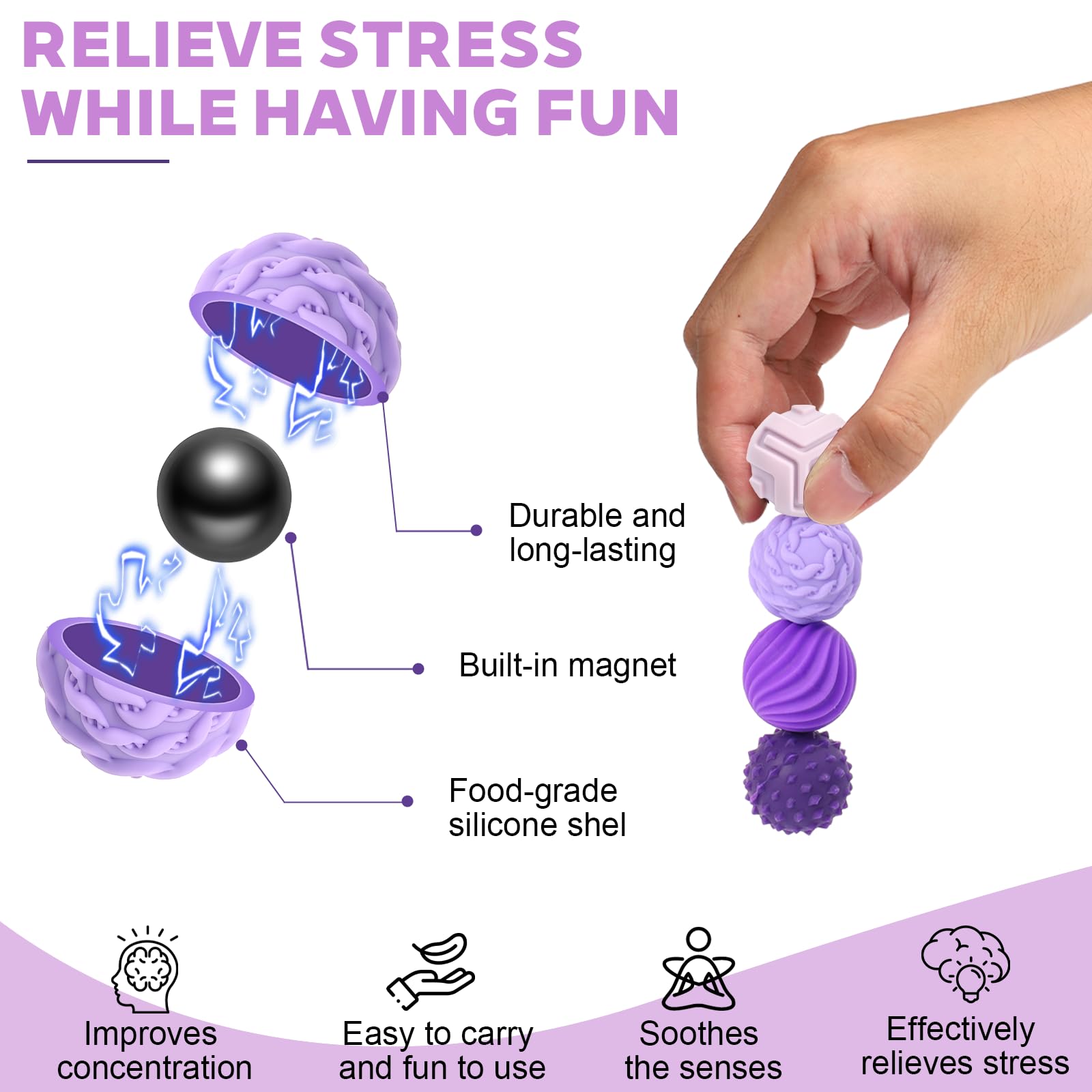 PAPAcroscoma Small Magnetic Balls Fidget Ball:8Pcs Magnetic Fidget Balls Sensory Toys Stress Relief for Adults Kids Autism ADHD Focus Office Desk Travel with Case (S Purple) - Image 3