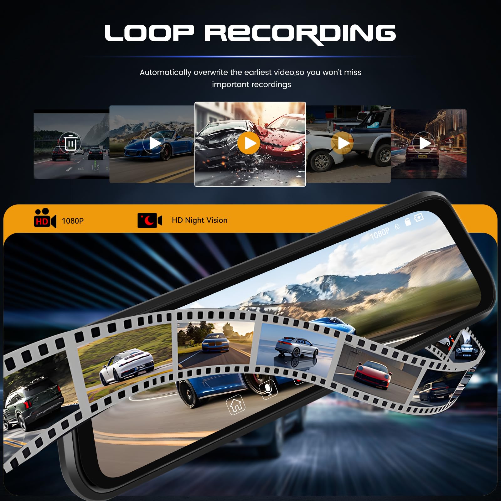 CAMECHO 1080P Rétroviseur 9.66 Pouces Dash CAM Voiture avec Caméra de Vision Nocturne, Avant 150° et Arrière Dashcam 120° avec Ligne Inverse, Enregistrement en Boucle, Angle Réglable