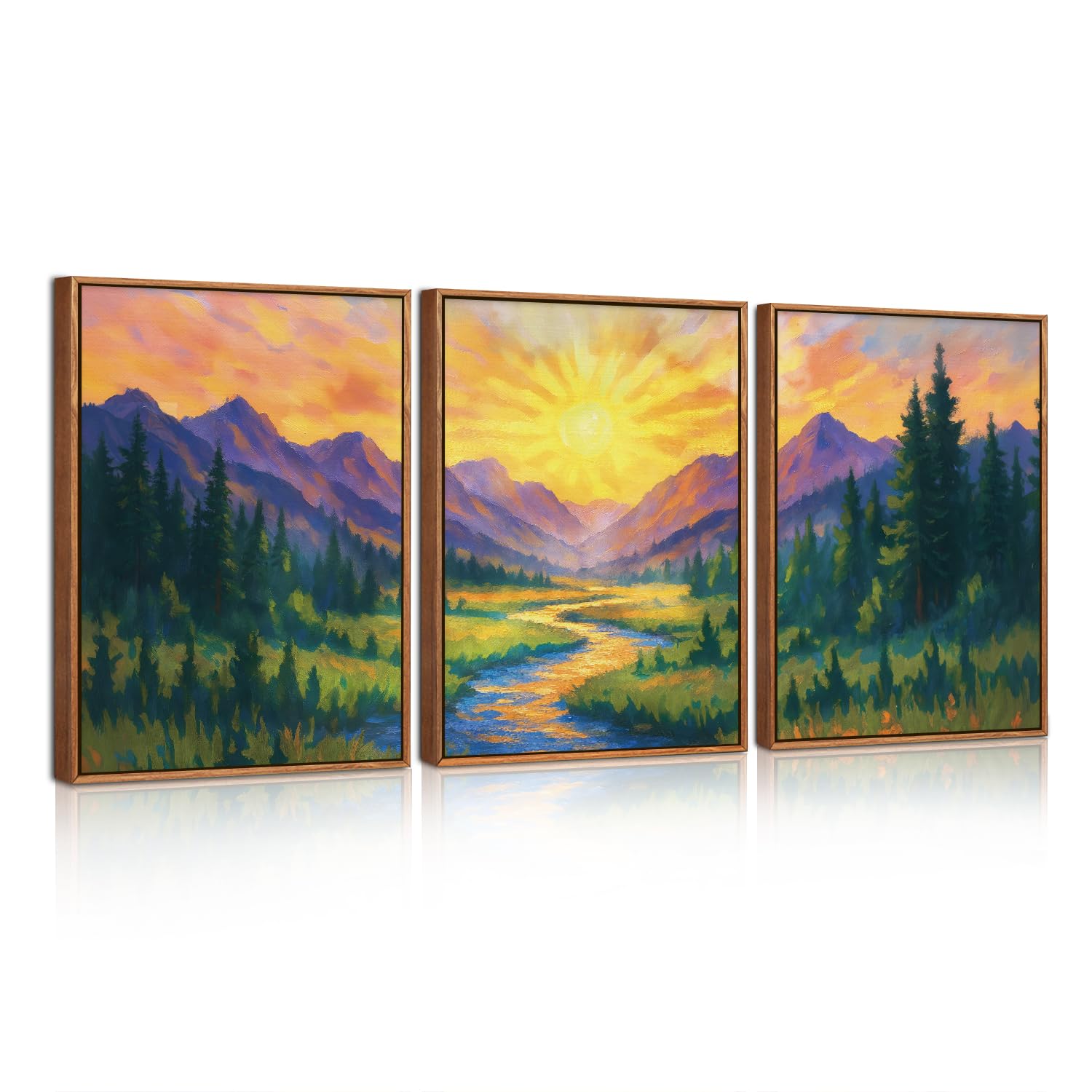 HPNIUB Vintage Mountain Framed Canvas Wall Art Set, Boho Sunrise Art Prints, Forest Nature Wilderness Art Paintings, Modern Farmhouse Pine Tree Wall Decor for Living Room Bedroom, Office 30x40cm — image 1