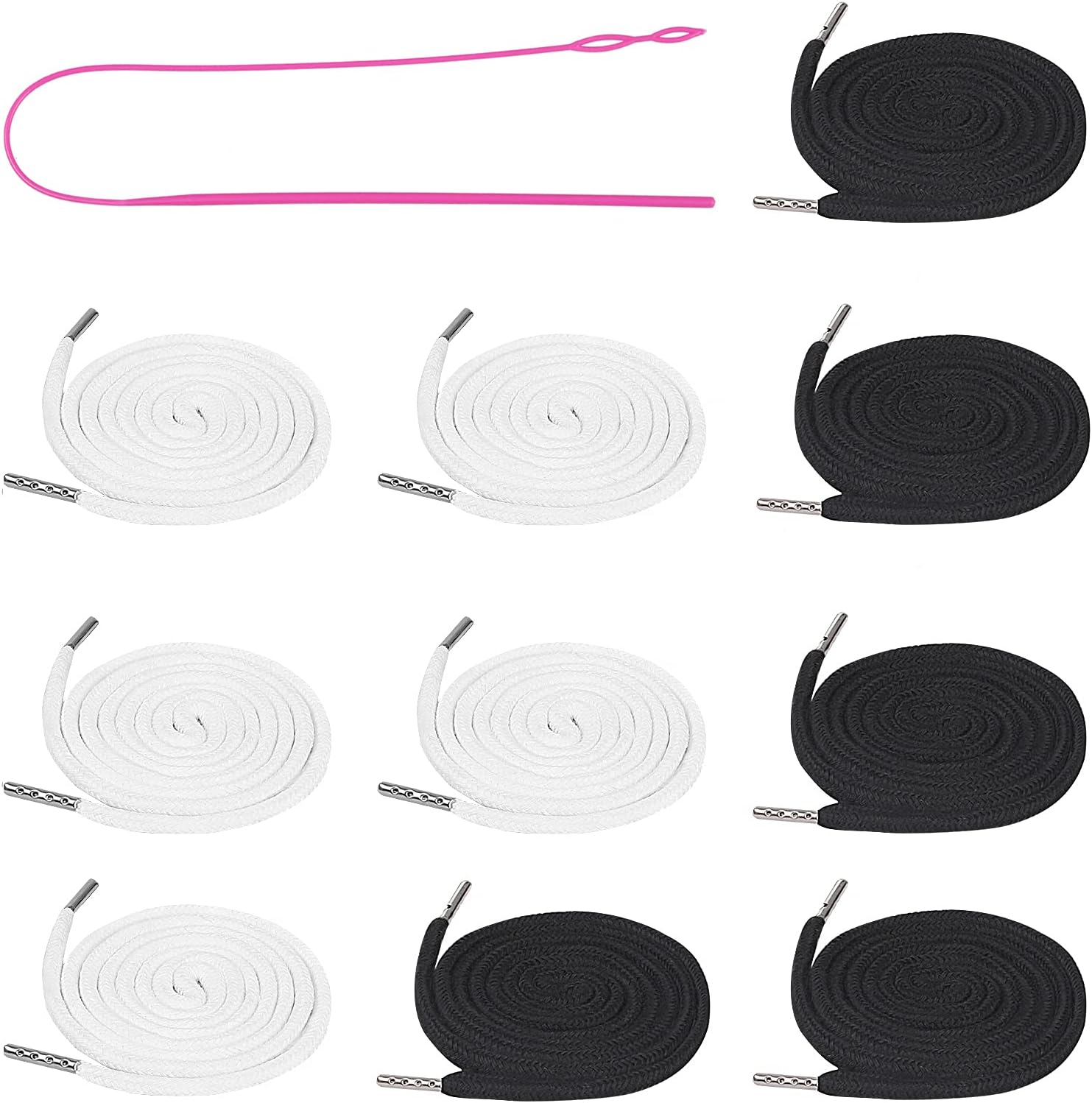 10 Pieces Drawstring Cords with Easy Threaders, Hoodie String Replacement with Pink Flexible Drawstring Threaders for Pants Sweatpants Hoodies Jackets Shoes (5 Black & 5 White)