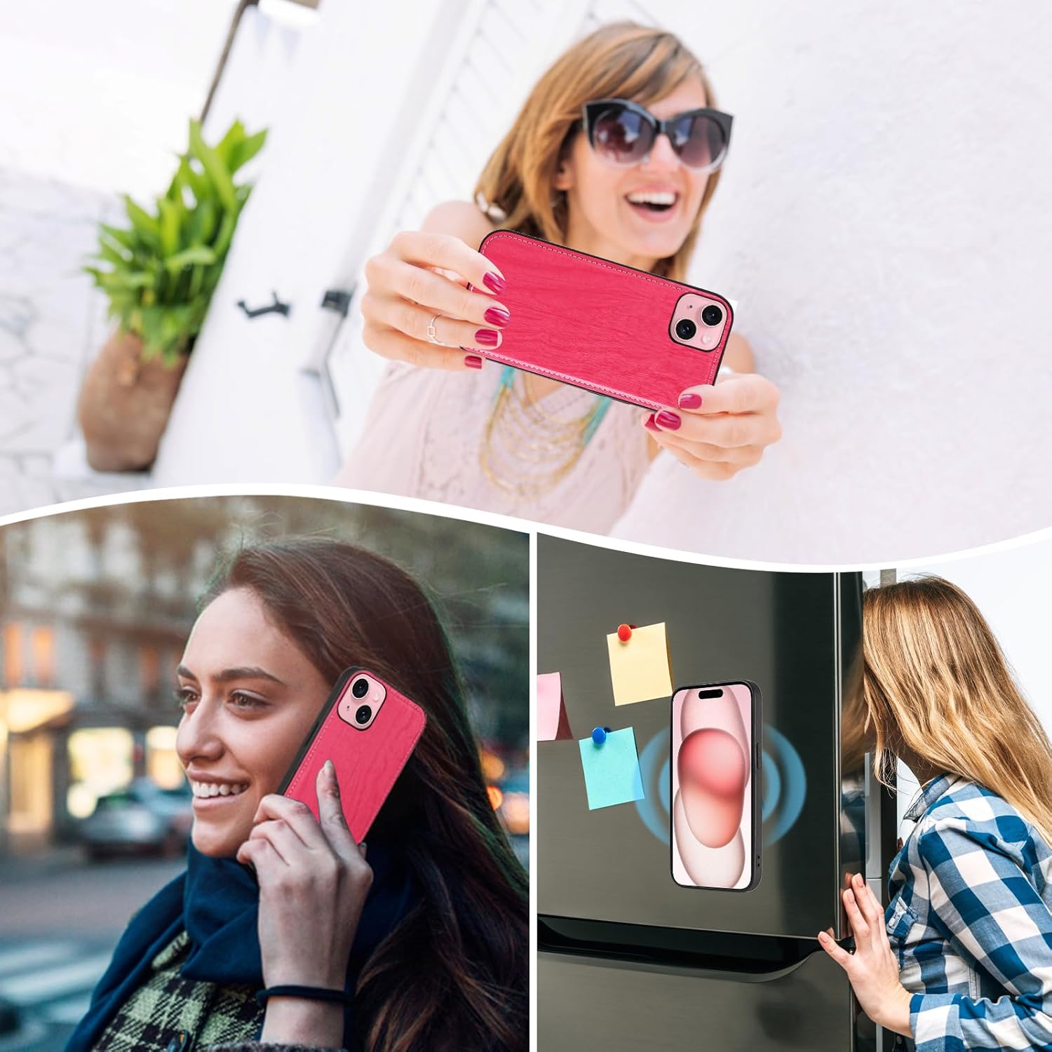 Asuwish Phone Case for iPhone 15 6.1 inch Zipper Wallet Magnetic Detachable Cell Cover with Tempered Glass Screen Protector Crossbody Lanyard Strap Card Holder Slot i Phone15 i15 15Case Women Rose Red
