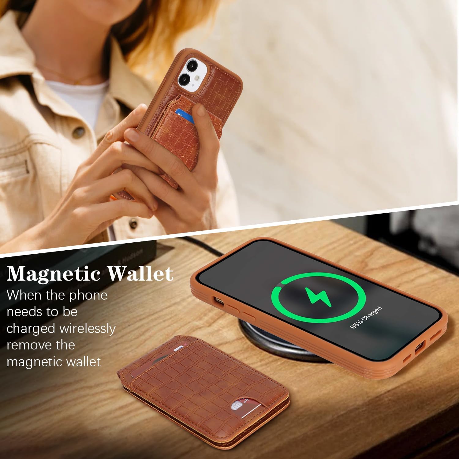 Ｈａｖａｙａ Textured Alligator Wallet Case for iPhone 11 - Detachable 2-in-1 Magnetic Cover, Kickstand & Qi Charging Compatible Magasafe- Vintage Cognac Brown