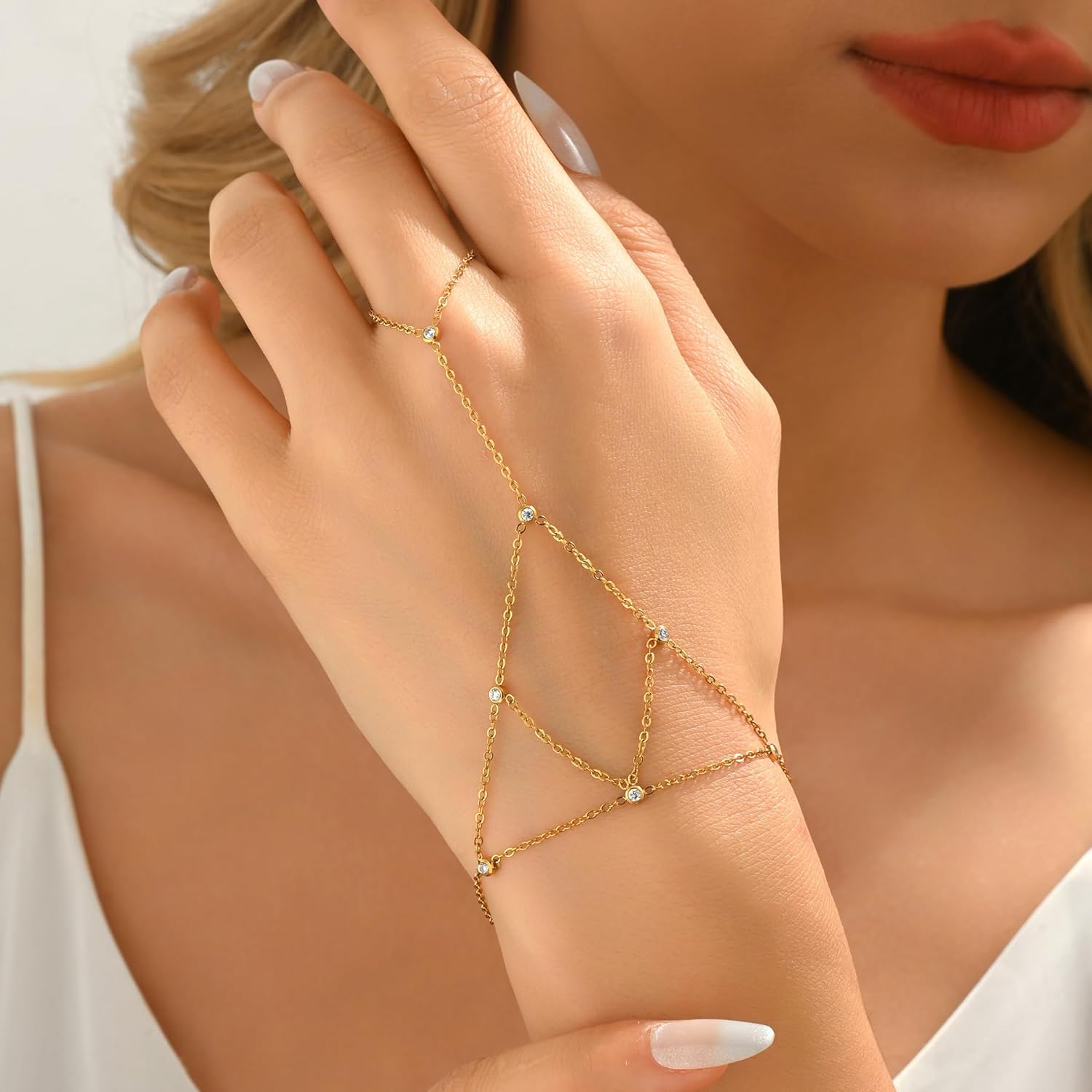 18K Gold Plated Hand Chain Bracelets for Women, Dainty Cubic Zirconia, Heart, Beads, Bamboo Link Charm Bracelet, Trendy Adjustable Finger Ring Bracelet, Hand Chain Jewelry, Christmas Gifts - Image 4