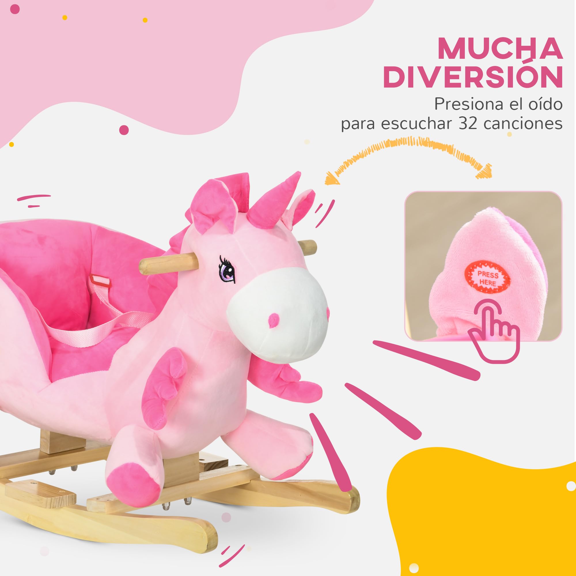 HOMCOM Caballito Balancín para Bebés 18-36 Meses Caballo Balancín en Forma de Unicornio con Música Cinturón de Seguridad Manillar y Reposapiés Carga 30 kg 65x35x45 cm Rosa