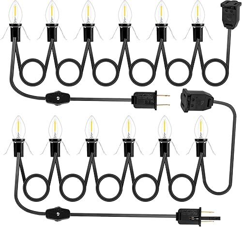 Paquete de 2 cables de accesorios negros con 12 bombillas LED y salida de luz de aldea de Navidad de 11.6 pies, cable blanco con fusible de