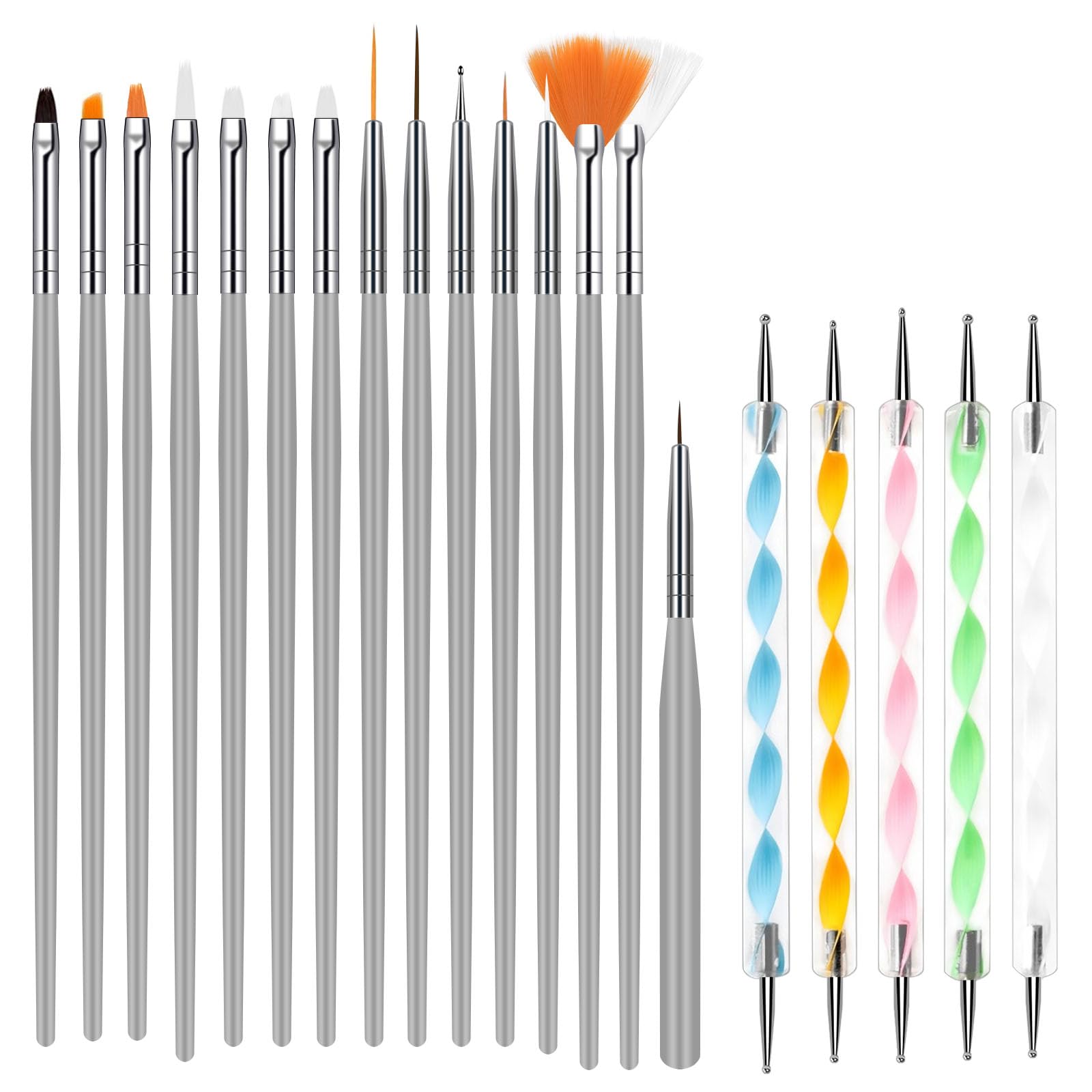 URAQT 20 Stück Nagel Pinsel Set, Nagel Pinsel, Nageldesign-Stifte Brush, Acryl Nagel Kunst Pinsel mit Dotting Tools,für gelnägel UV-Gel Nageldesign Nail Art (Grau)
