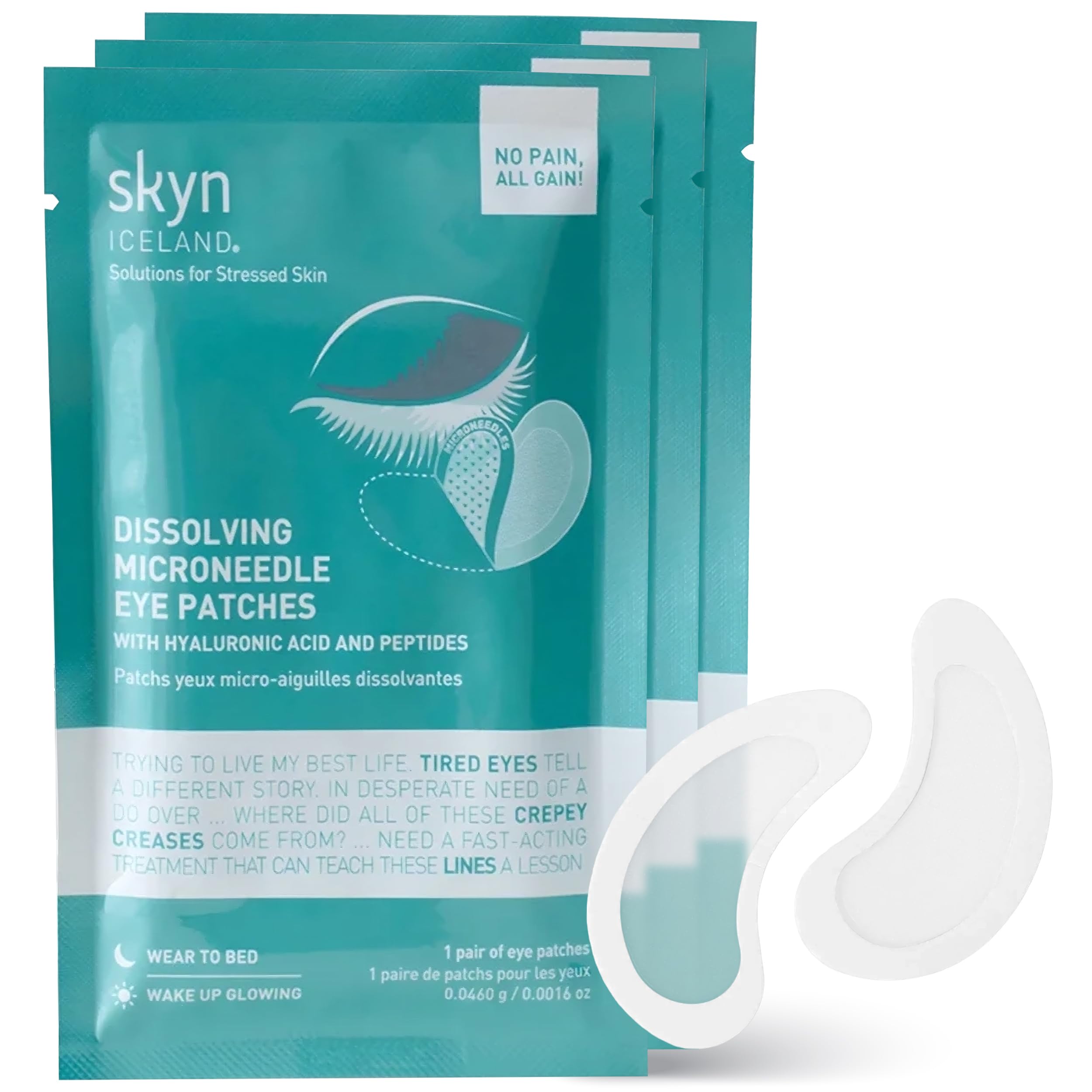 Dissolving Microneedle Under-Eye Patches — 39% Hyaluronic Acid & Peptides, No-Slip Overnight Eye Mask, Vegan, All Skin Types, 3 Pairs