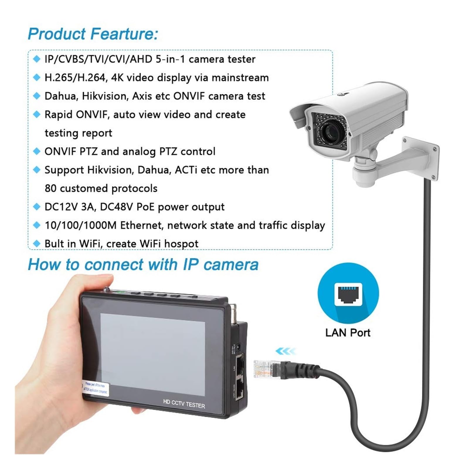 Probador de circuito cerrado de televisión, Monitor de vídeo seguridad con pantalla táctil 4 pulgadas, probador CCTV rastreador cables, cámara IP muñeca, analógica CVI y CVBS