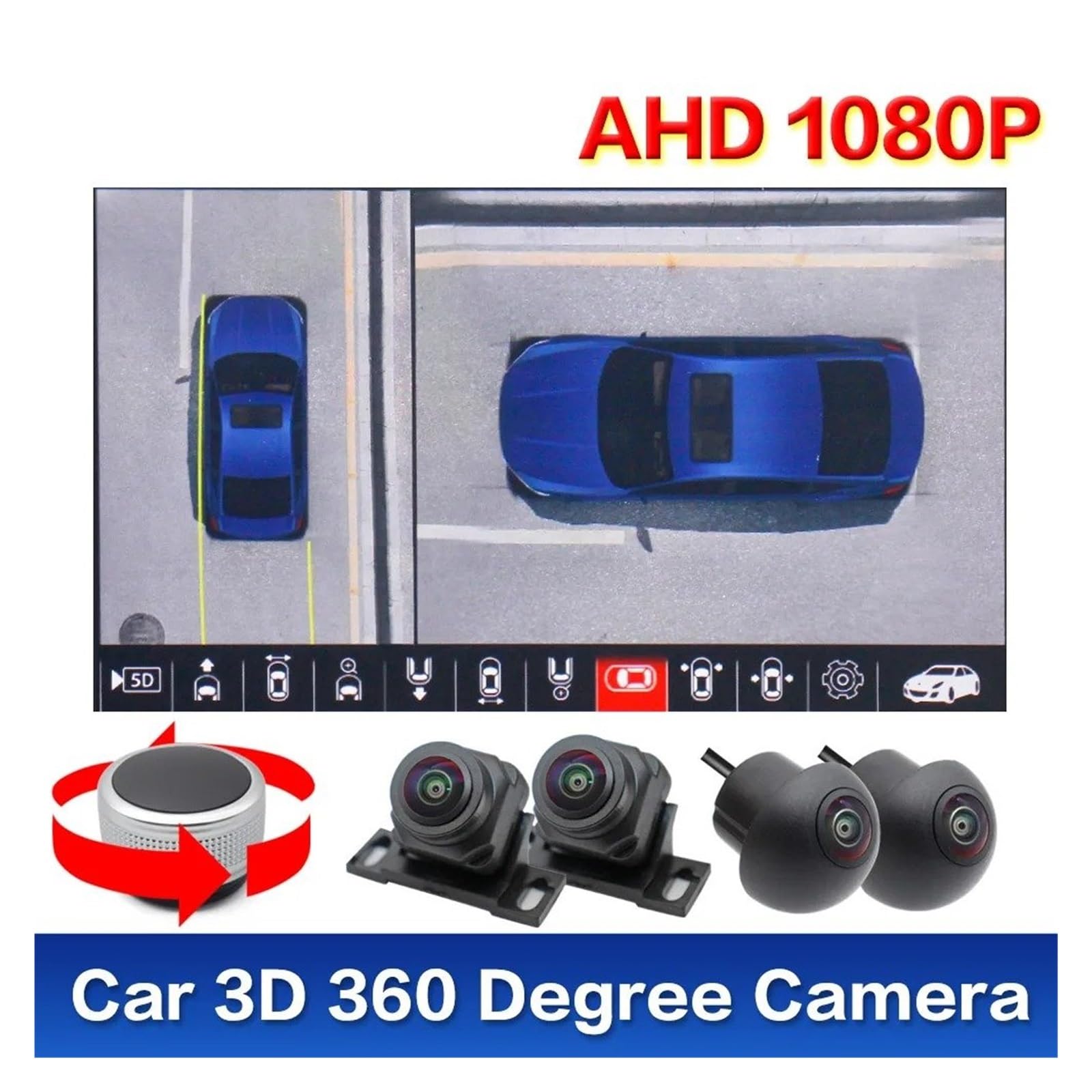 Kit Caméra Recul Système Caméra Voiture 3D AHD 1080P 360 Degrés, Vue Autour des Oiseaux, Enregistreur 4CH, DVR Automatique pour Lecteur avec Bouton sans Fil(None)