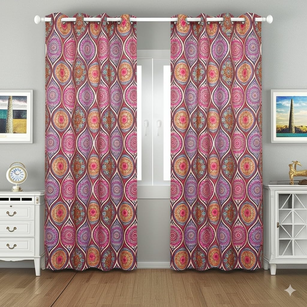 Bohemian Curtains Drapes 52 X 63 Inches Multi Color Pink Purple Violet, Geometric Grommet Room Darkening Drapes Mandala Boho Design Window Treatment Door Living Room, Dining, Bedroom 2 Panels