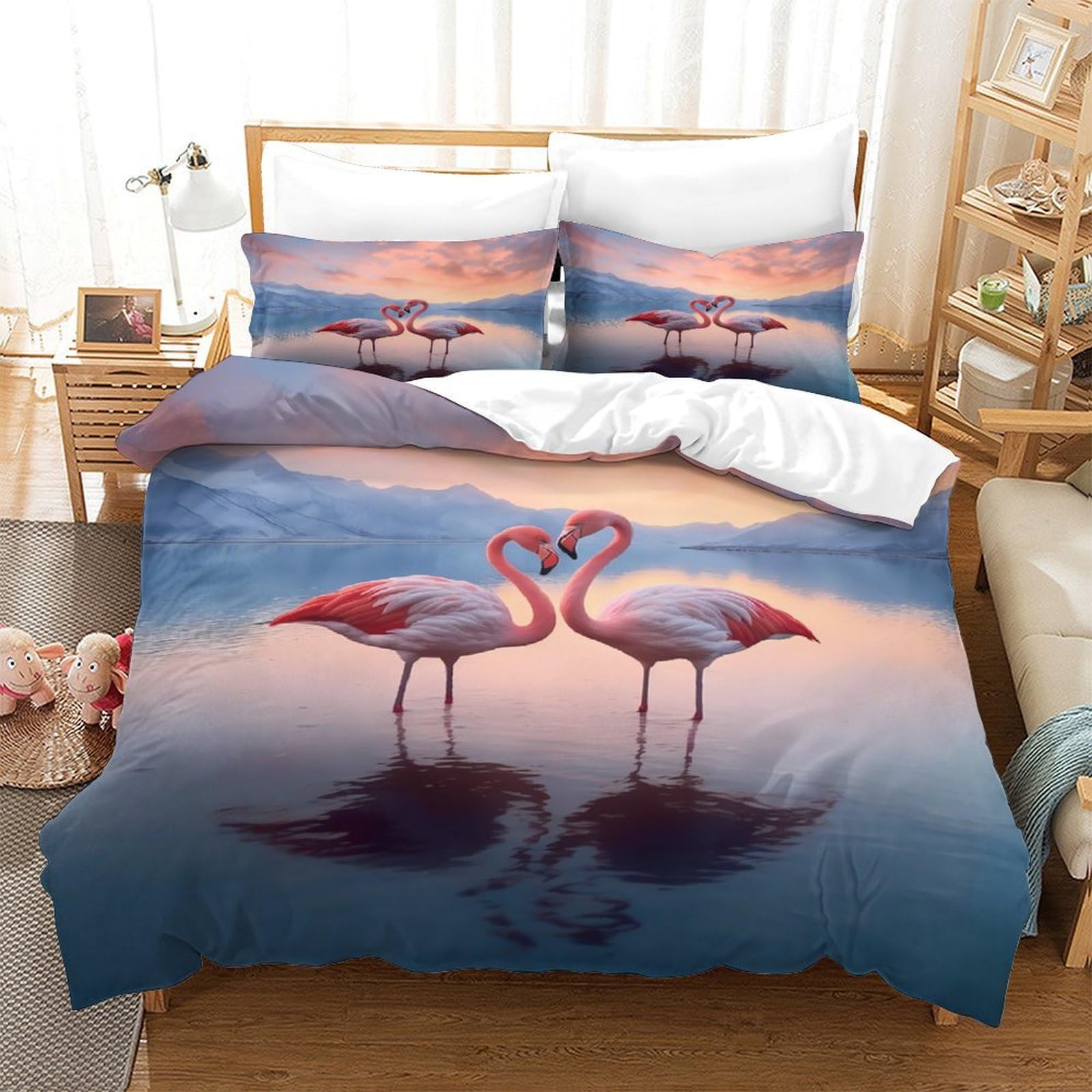 Flamingo-Pärchen 3D-Druck 3er-Set Bettbezug Romantische Naturszene Bettdeckenbezug Mikrofaser Atmungsaktiv Reißverschluss für Jungen Männer Frauen King（220x240cm）