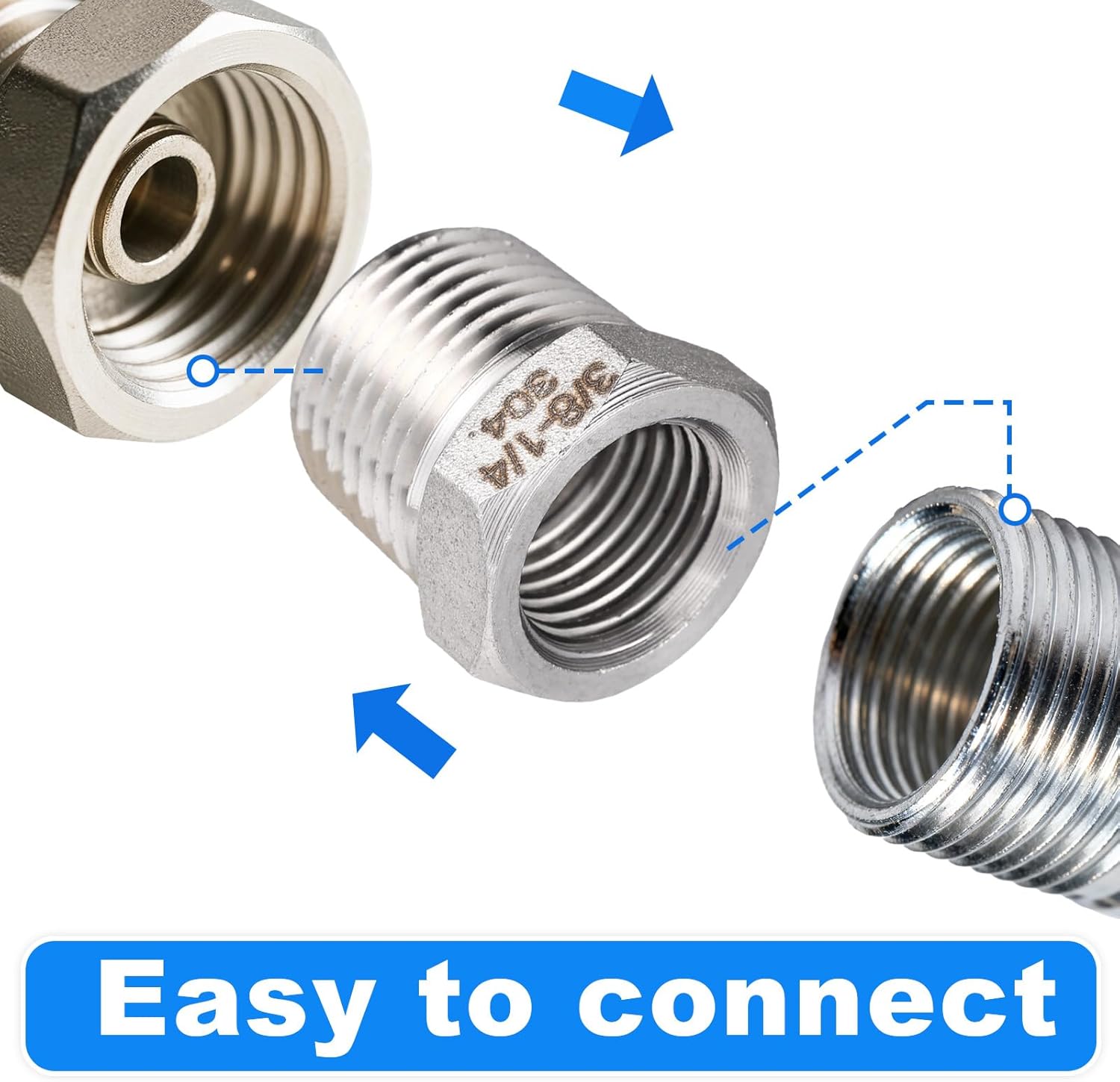 5pcs 3/8" NPT Male to 1/4" NPT Female Hex Bushing Reducers, Stainless Steel Hex Bushing Reducer Heavy-Duty Reducing Pipe Fitting Water Line Air Hose Adapter for Plumbing & Hydraulic Applications