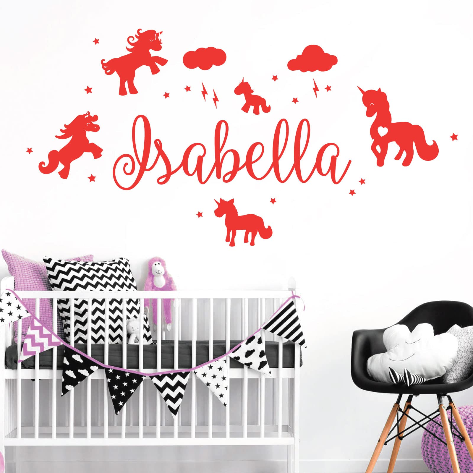 Unicorns, Stars & Clouds - Personalised Name Girls Wall Art Sticker [Large] [Poppy]