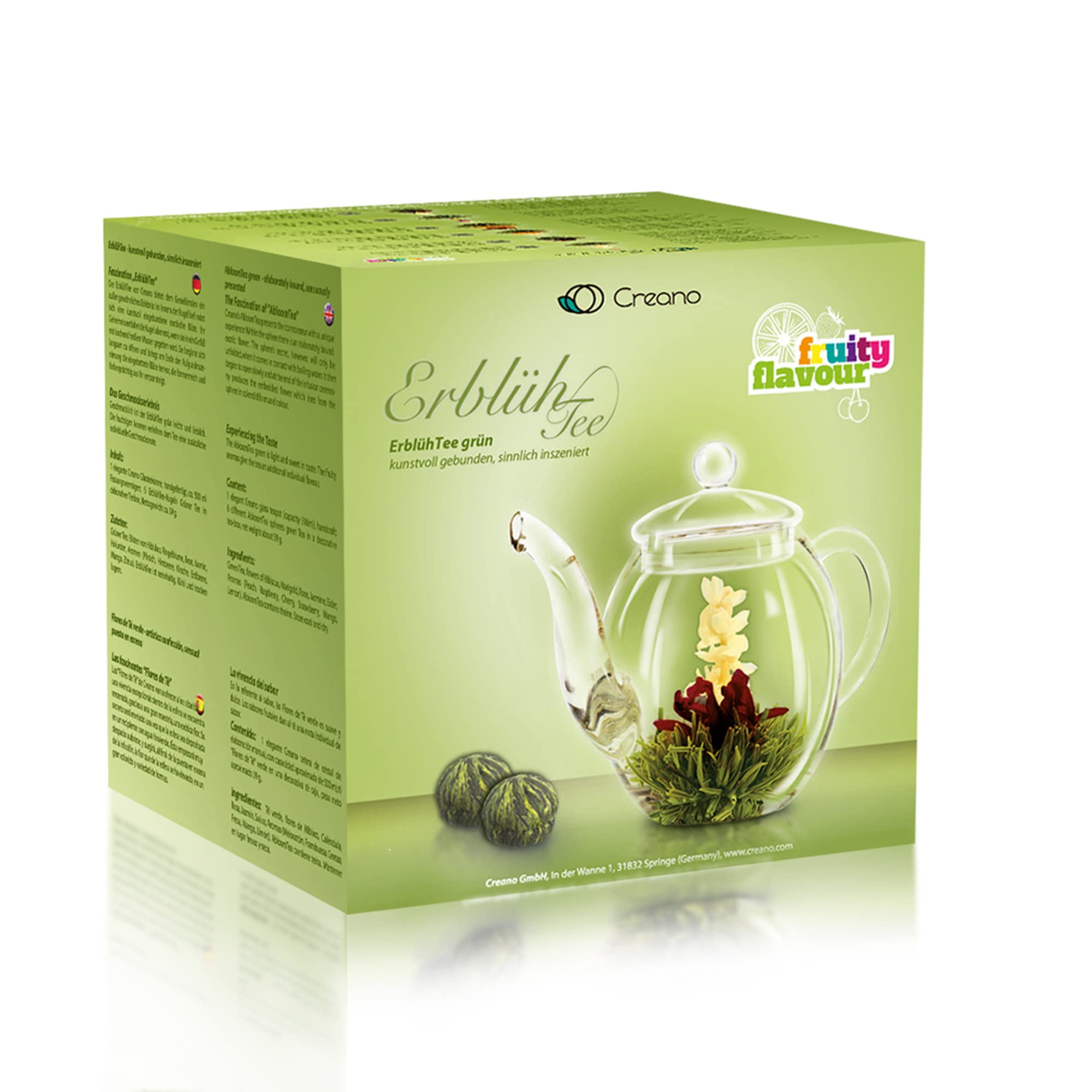 Creano Set Regalo Fiori di Tè – Miscela di 6 Tè Verdi con Fiori in Elegante Scatola di Legno + Teiera in Vetro 500ml