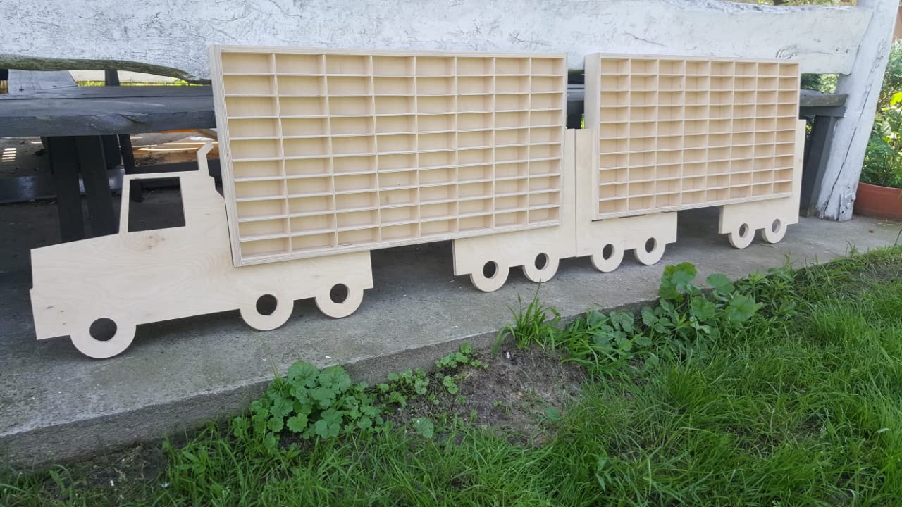 Półka organizer na resoraki autka w kształcie tira z naczepą na 160 aut Dekoralove, kompatybilne z autkami marki Hot Wheels, ze sklejki solidna witryna, regał na kolekcję samochodzików